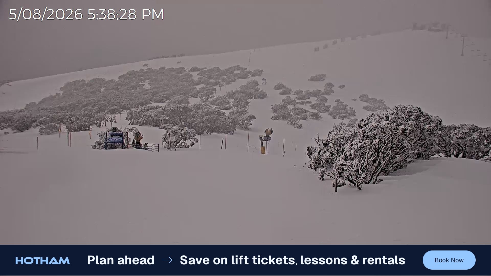 Mt Hotham Skating Rink snow cam captured at 5 August 2026 at 5:40 pm AEST