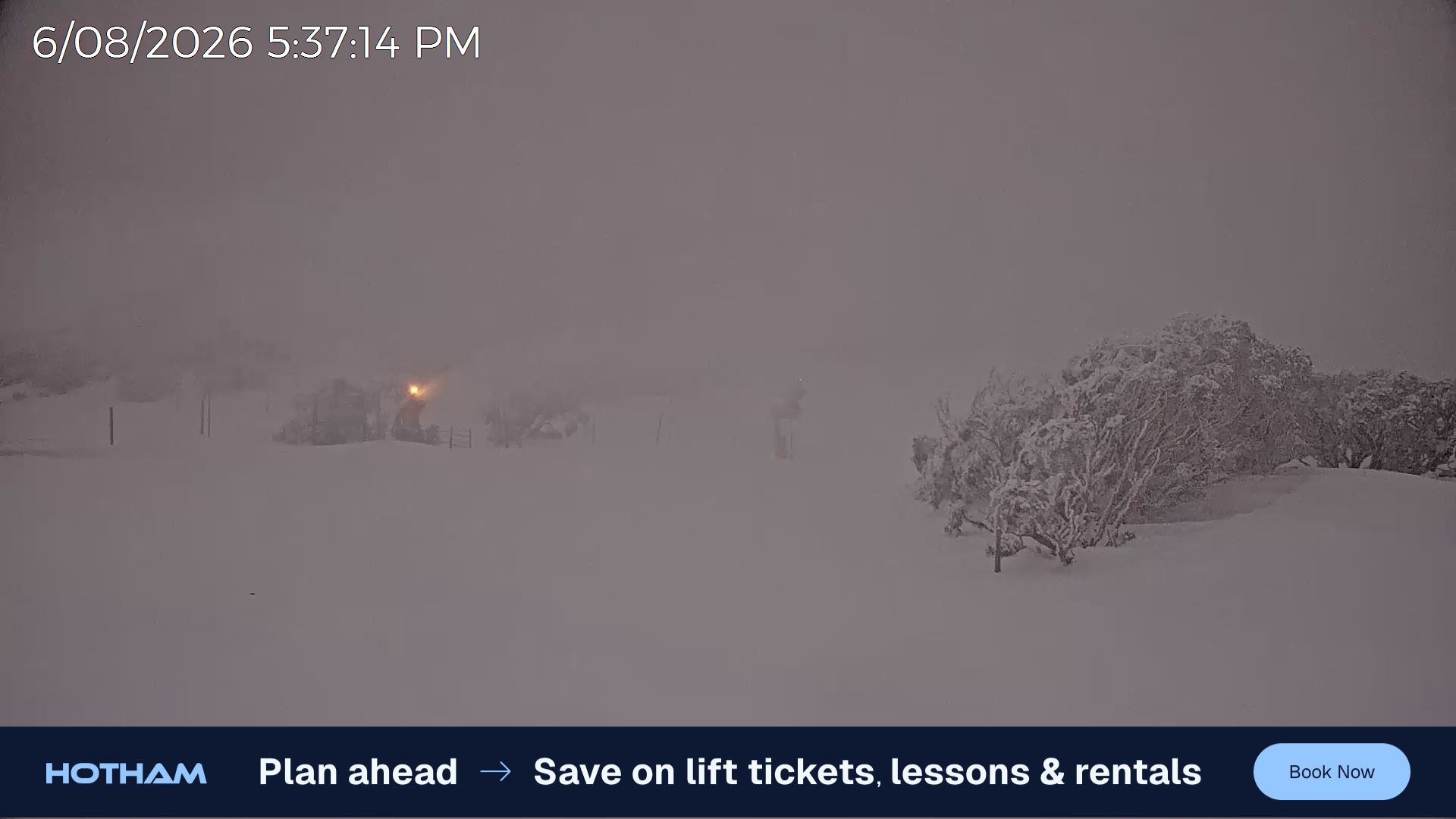 Mt Hotham Skating Rink snow cam captured at 6 August 2026 at 5:41 pm AEST