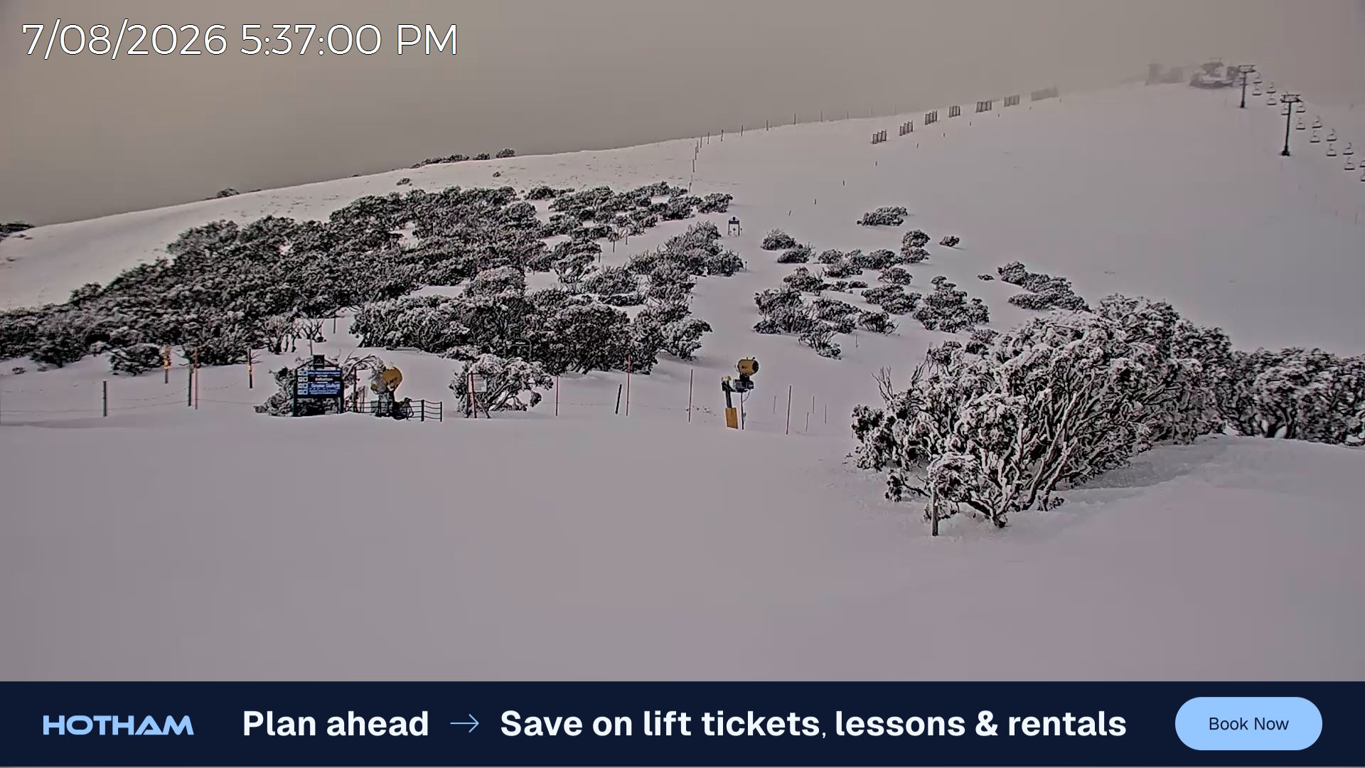 Mt Hotham Skating Rink snow cam captured at 7 August 2026 at 5:42 pm AEST