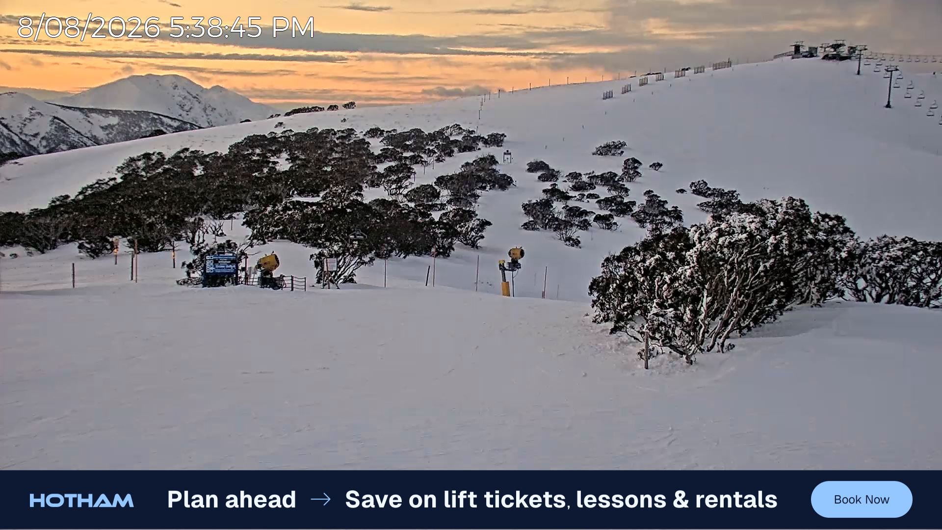 Mt Hotham Skating Rink snow cam captured at 8 August 2026 at 5:43 pm AEST