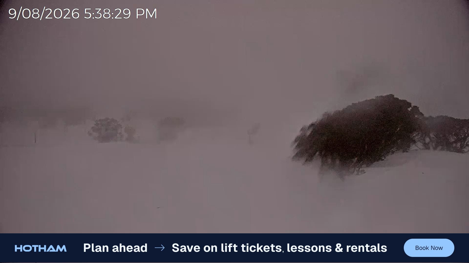 Mt Hotham Skating Rink snow cam captured at 9 August 2026 at 5:44 pm AEST