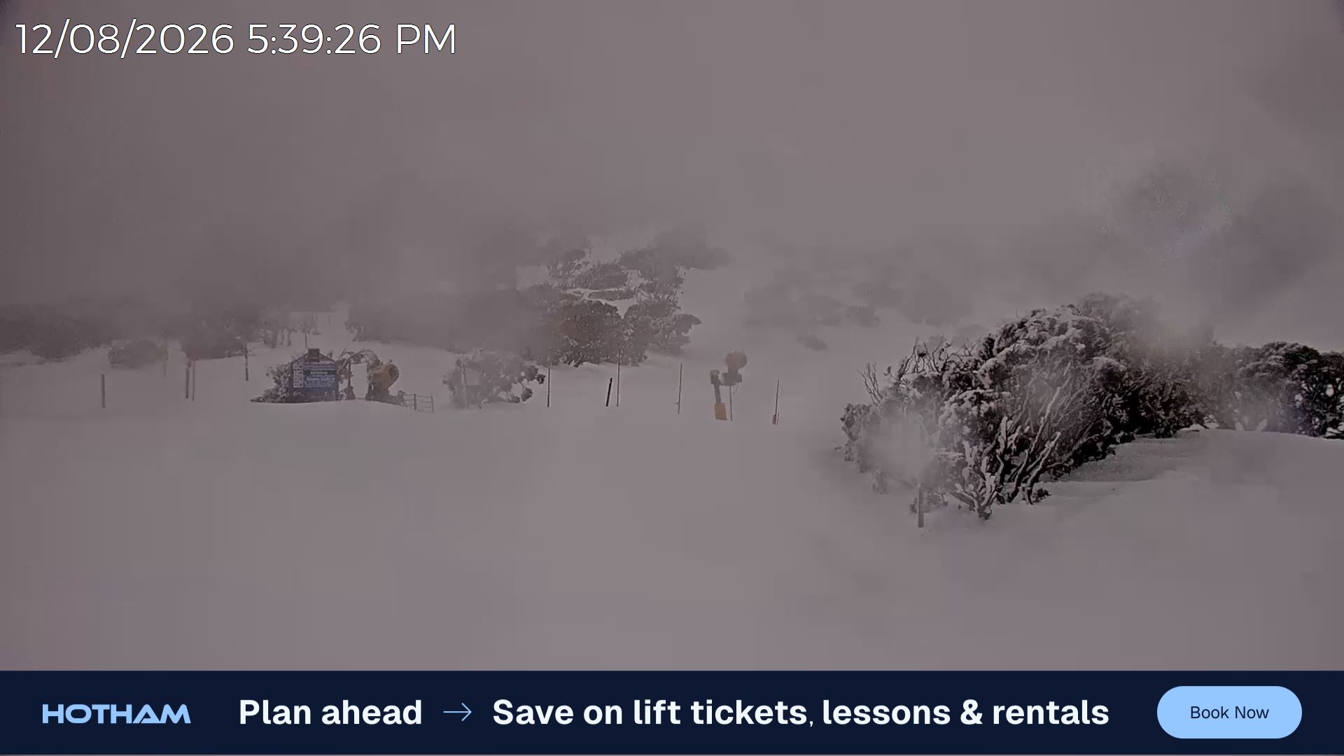 Mt Hotham Skating Rink snow cam captured at 12 August 2026 at 5:50 pm AEST