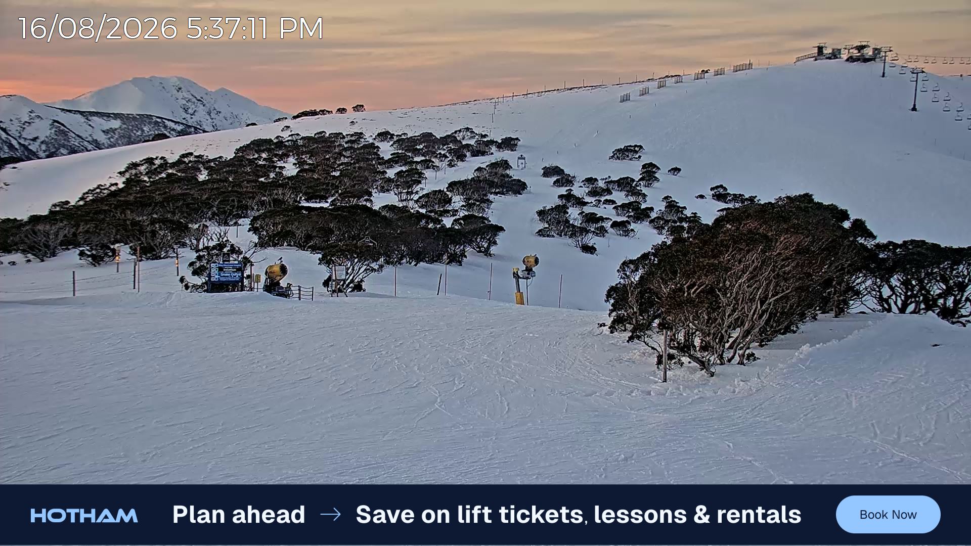 Mt Hotham Skating Rink snow cam captured at 16 August 2026 at 5:43 pm AEST
