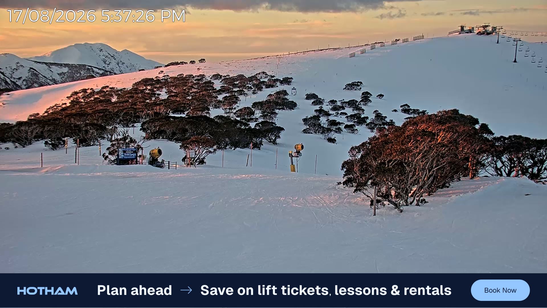 Mt Hotham Skating Rink snow cam captured at 17 August 2026 at 5:44 pm AEST