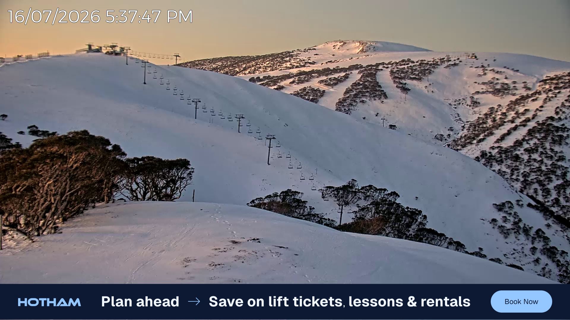 Mt Hotham Gotcha snow cam captured at 16 July 2026 at 5:41 pm AEST