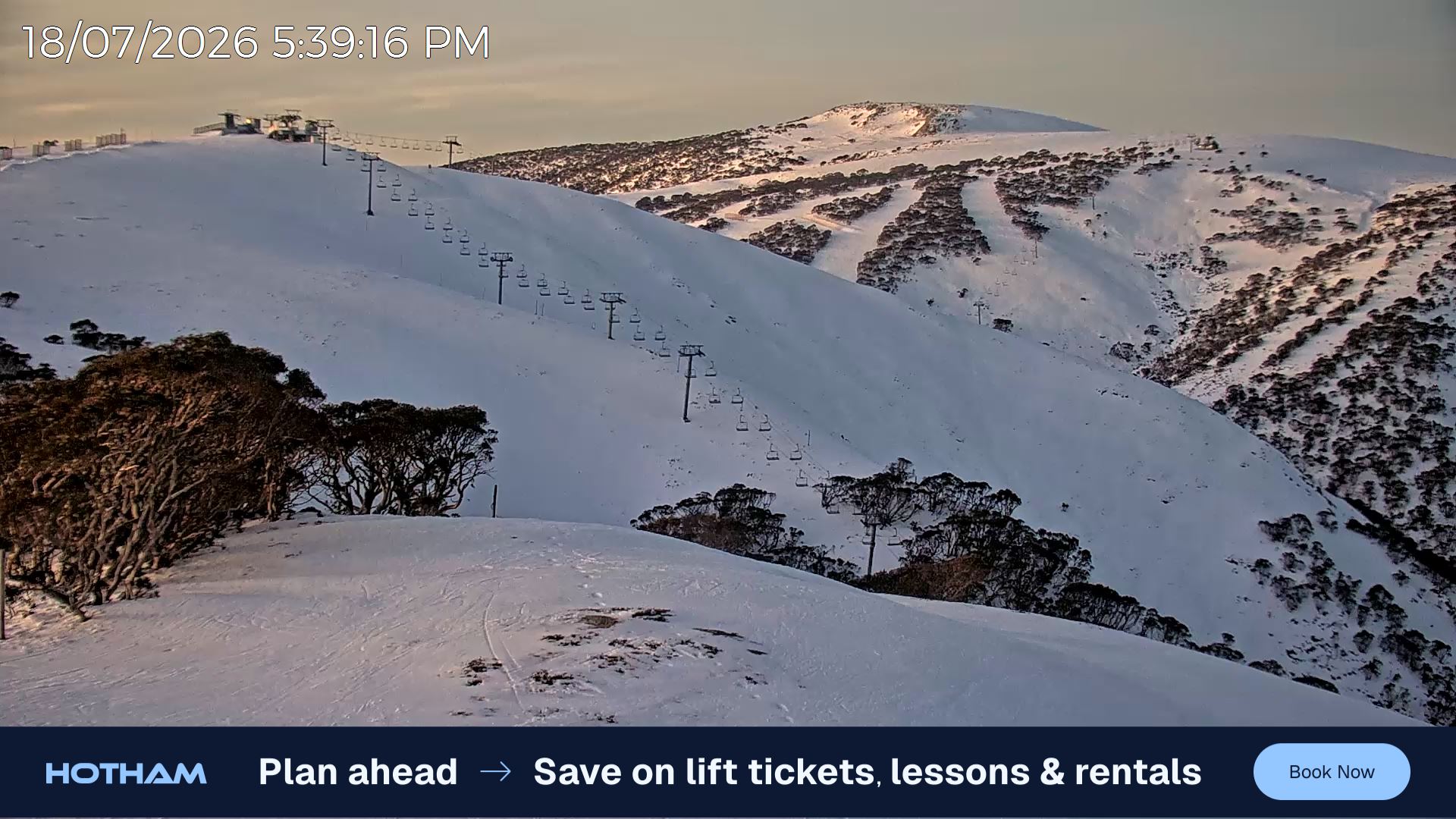 Mt Hotham Gotcha snow cam captured at 18 July 2026 at 5:43 pm AEST