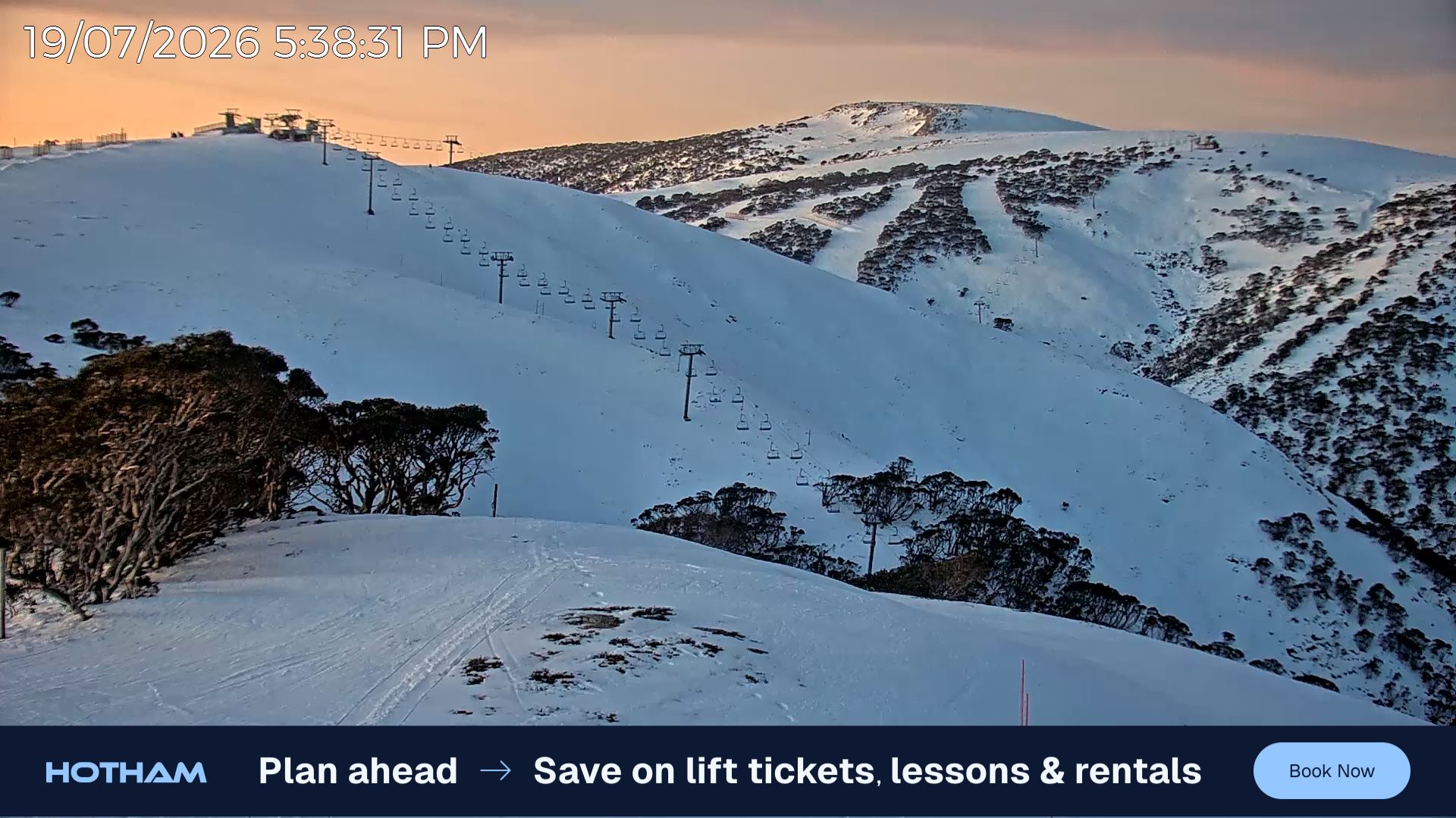 Mt Hotham Gotcha snow cam captured at 19 July 2026 at 5:44 pm AEST