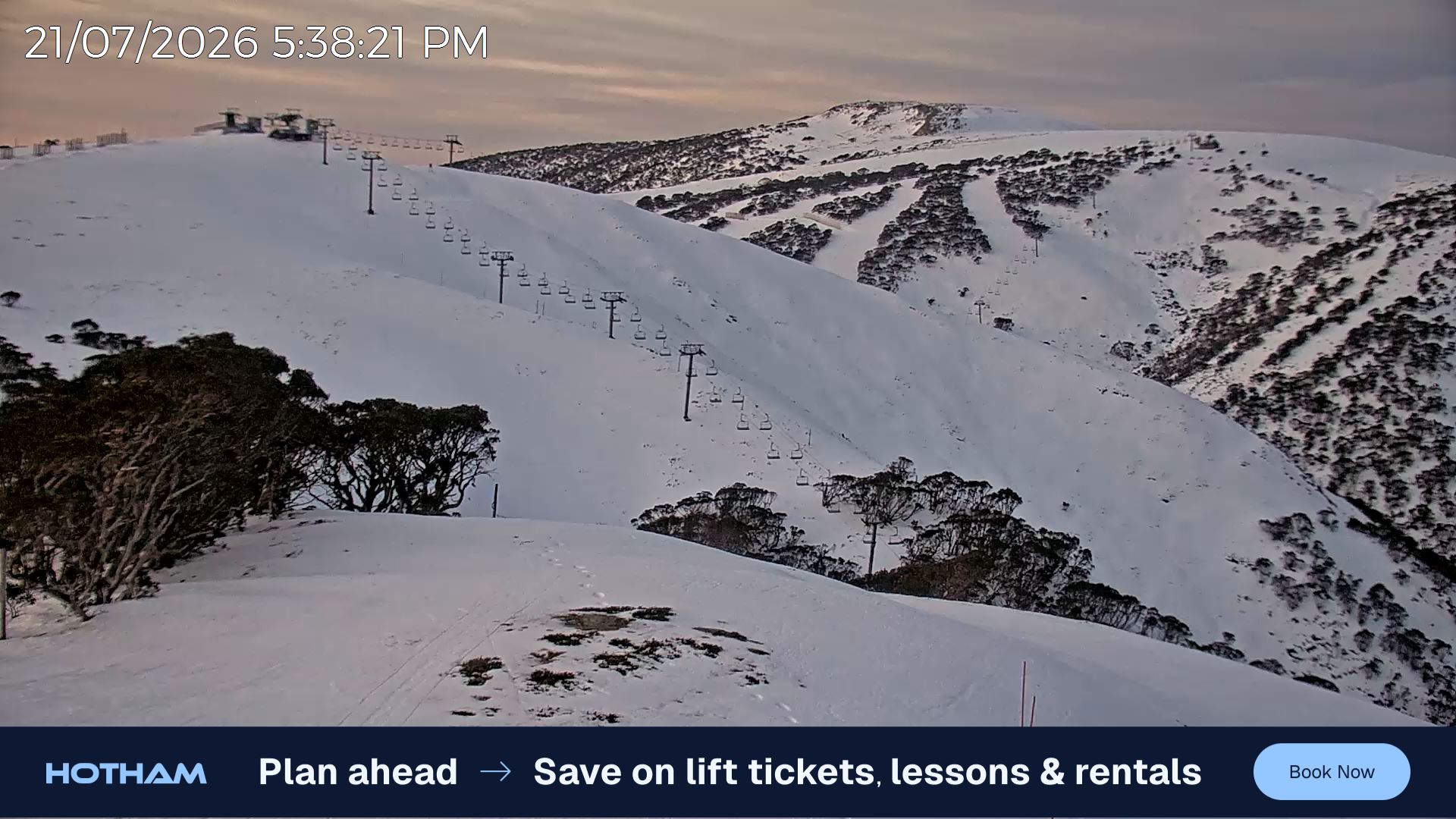 Mt Hotham Gotcha snow cam captured at 21 July 2026 at 5:48 pm AEST
