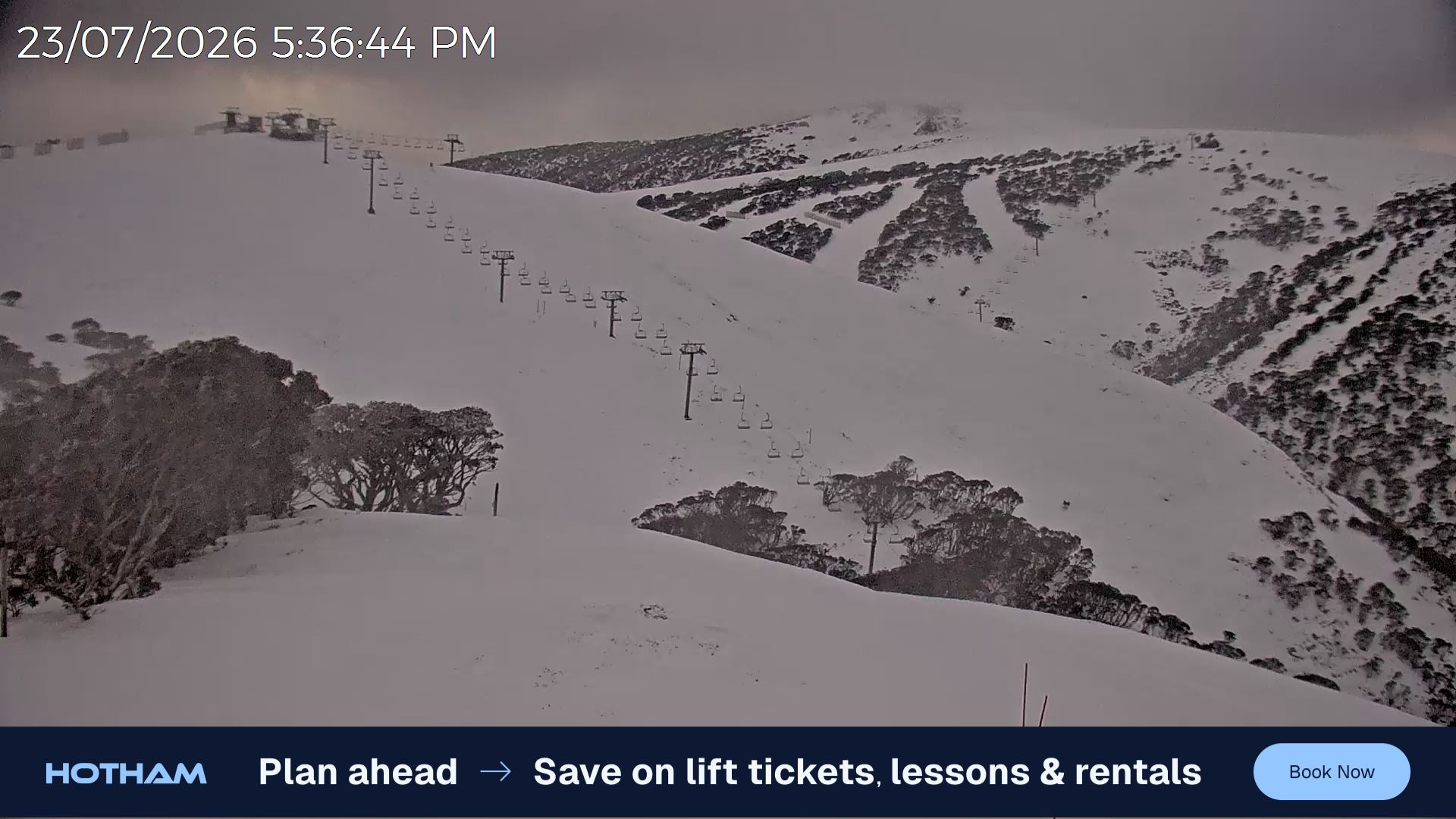 Mt Hotham Gotcha snow cam captured at 23 July 2026 at 5:39 pm AEST