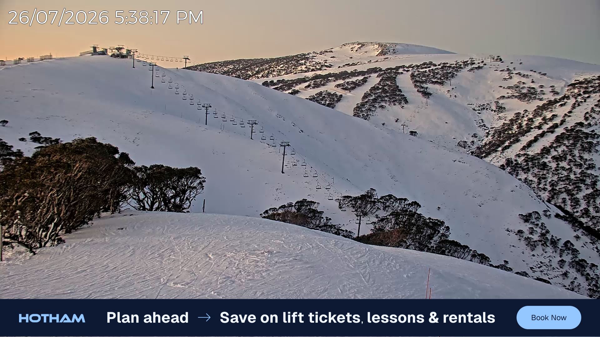 Mt Hotham Gotcha snow cam captured at 26 July 2026 at 5:43 pm AEST
