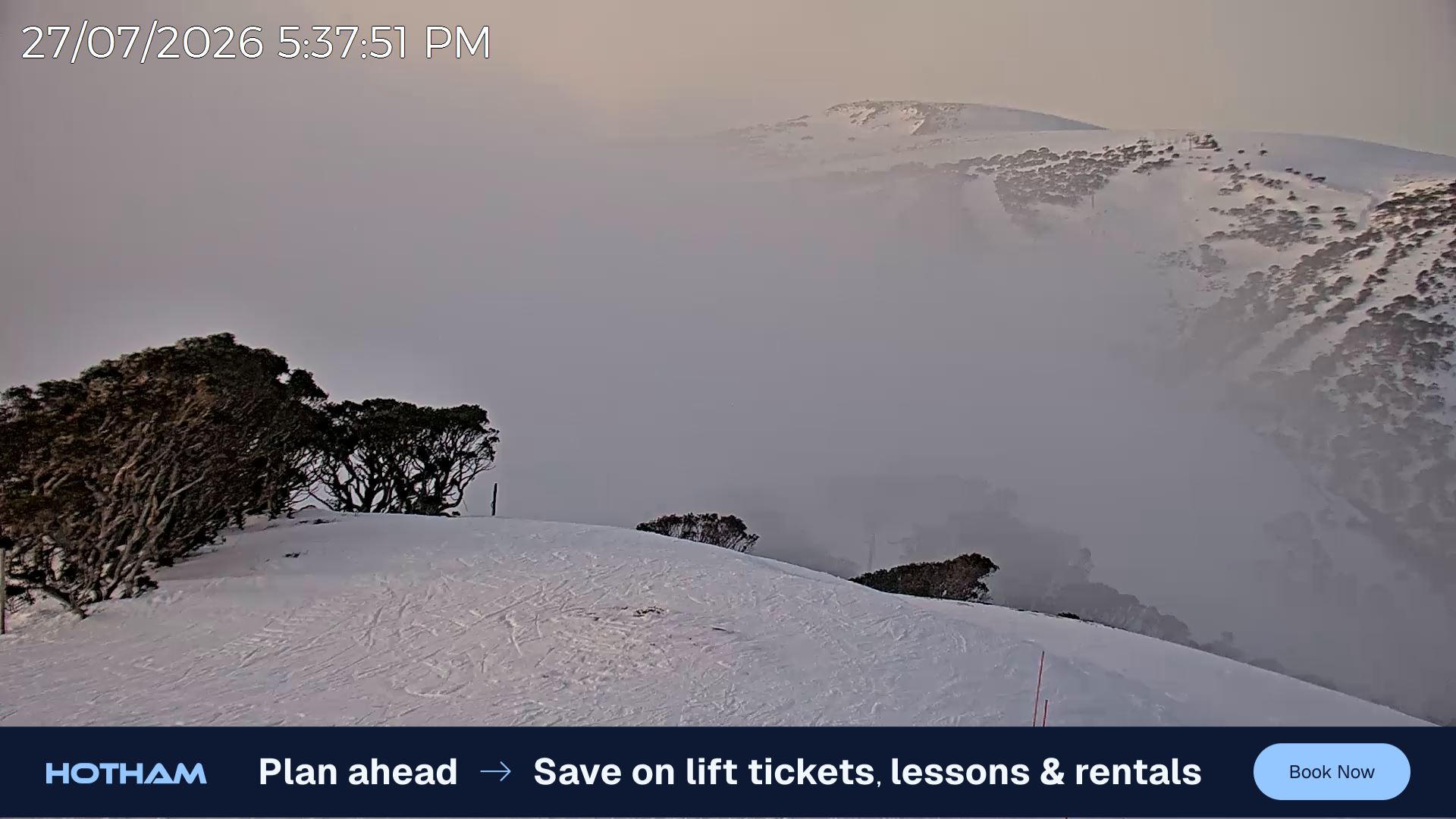Mt Hotham Gotcha snow cam captured at 27 July 2026 at 5:44 pm AEST