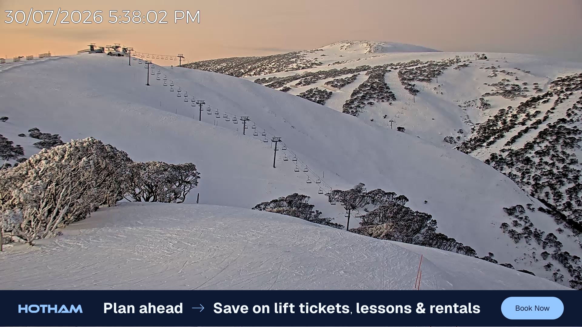 Mt Hotham Gotcha snow cam captured at 30 July 2026 at 5:46 pm AEST