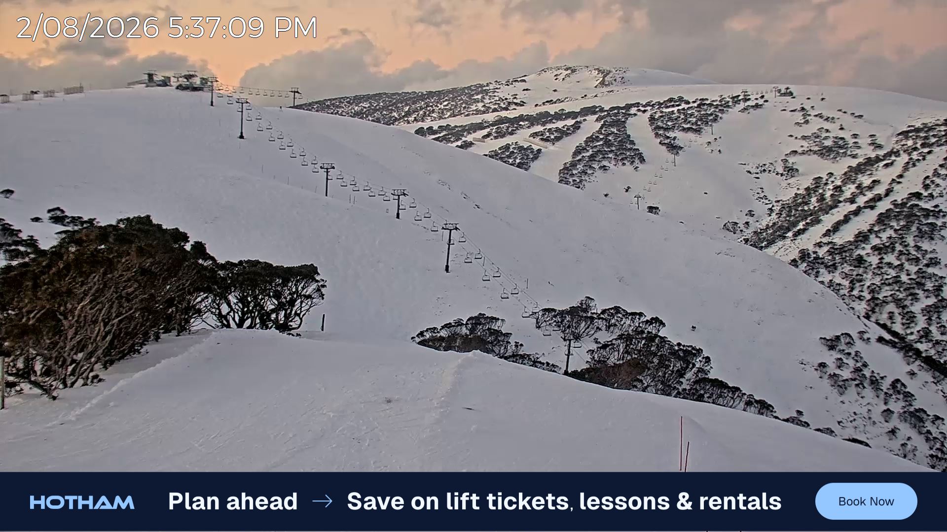 Mt Hotham Gotcha snow cam captured at 2 August 2026 at 5:38 pm AEST