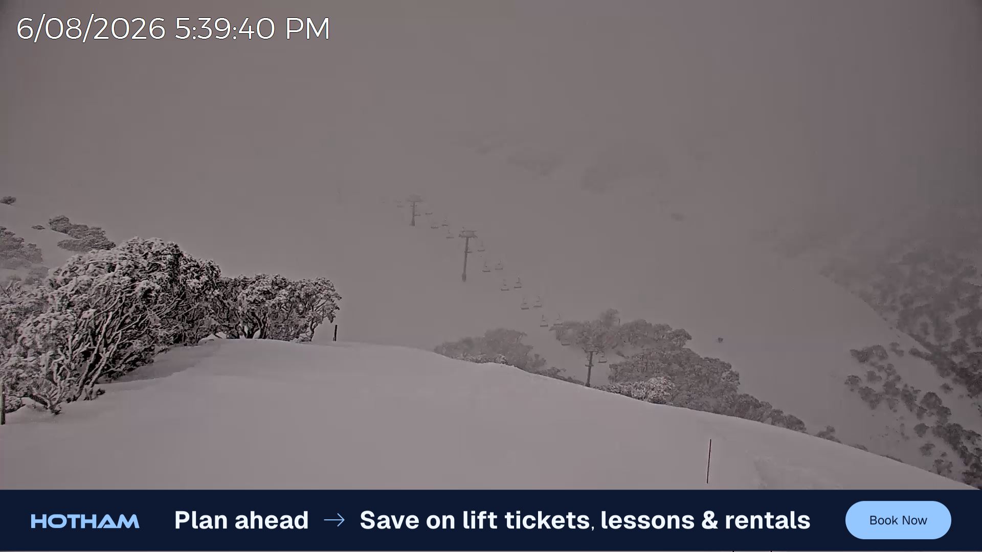 Mt Hotham Gotcha snow cam captured at 6 August 2026 at 5:49 pm AEST