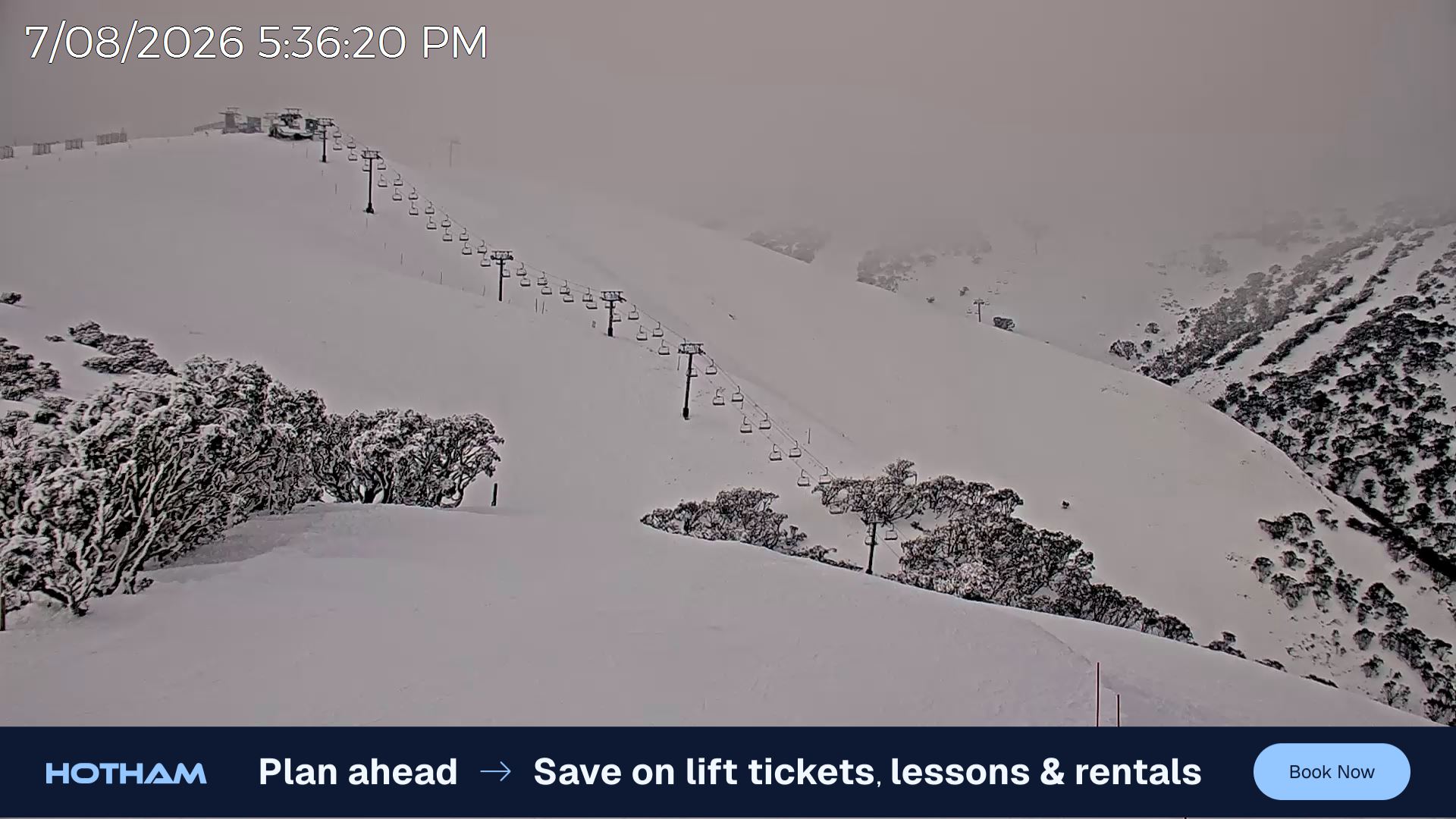 Mt Hotham Gotcha snow cam captured at 7 August 2026 at 5:39 pm AEST