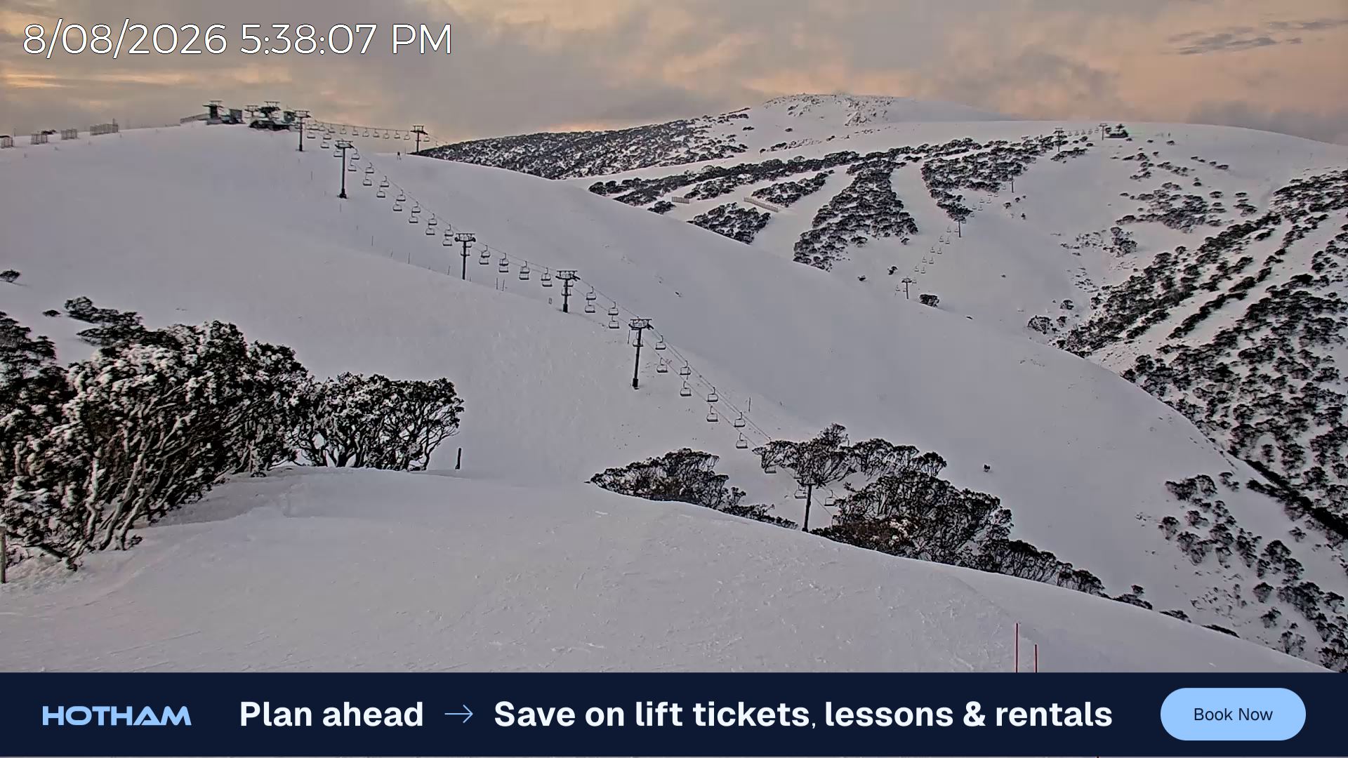 Mt Hotham Gotcha snow cam captured at 8 August 2026 at 5:40 pm AEST