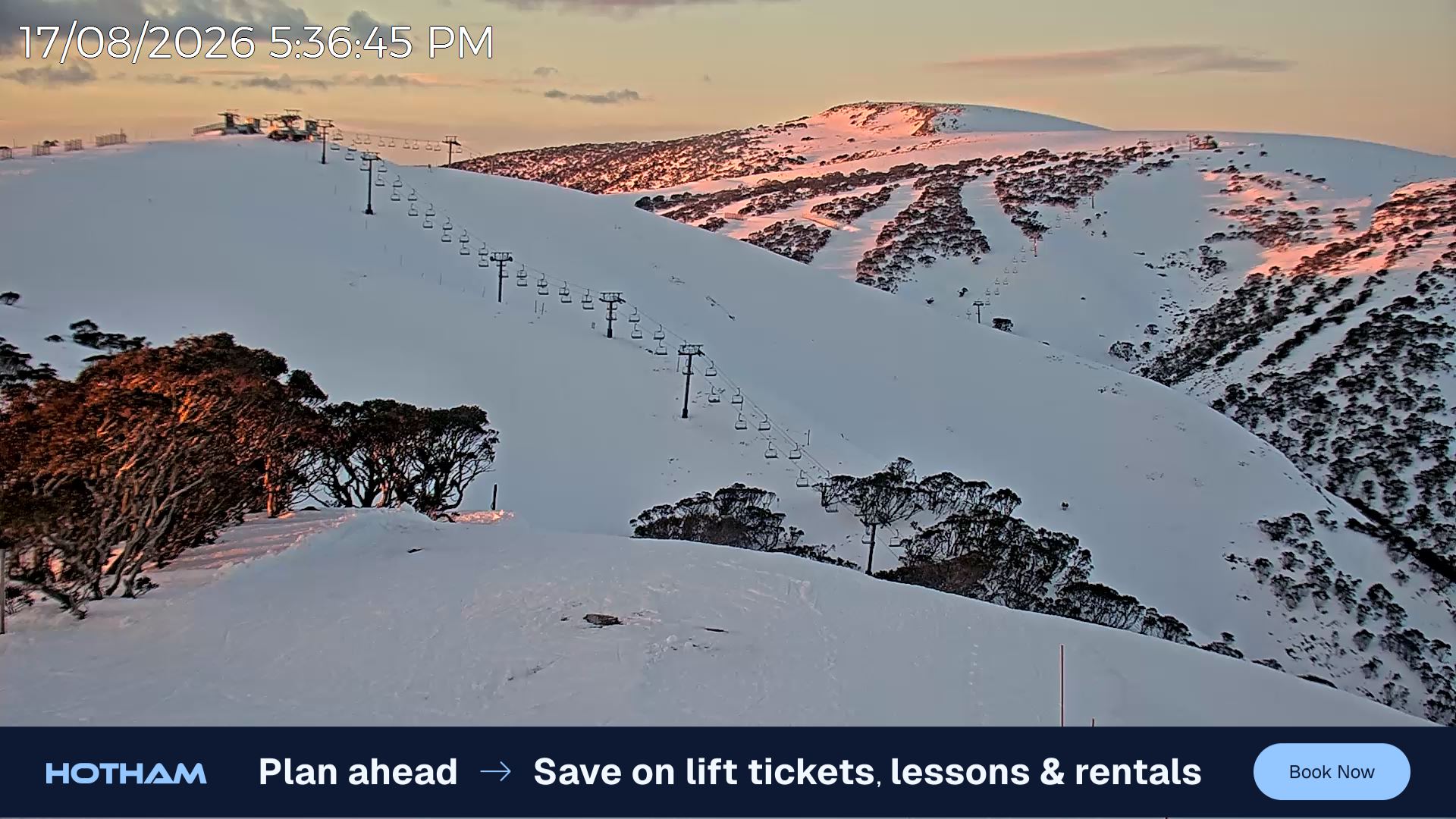 Mt Hotham Gotcha snow cam captured at 17 August 2026 at 5:37 pm AEST