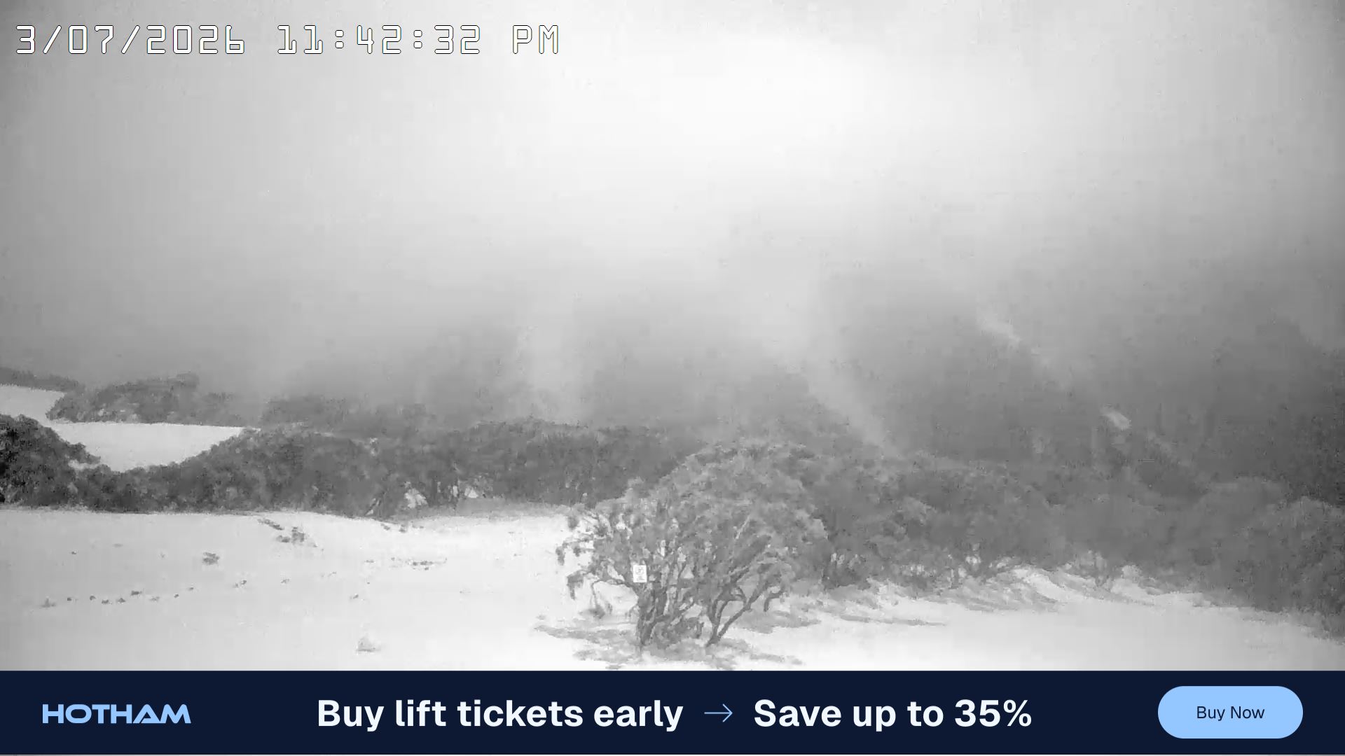 Mt Hotham Golden Point snow cam captured at 3 July 2026 at 11:43 pm AEST