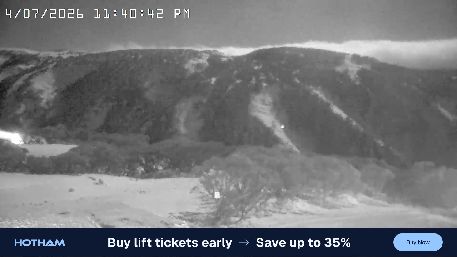 Mt Hotham Golden Point snow cam captured at 4 July 2026 at 11:43 pm AEST