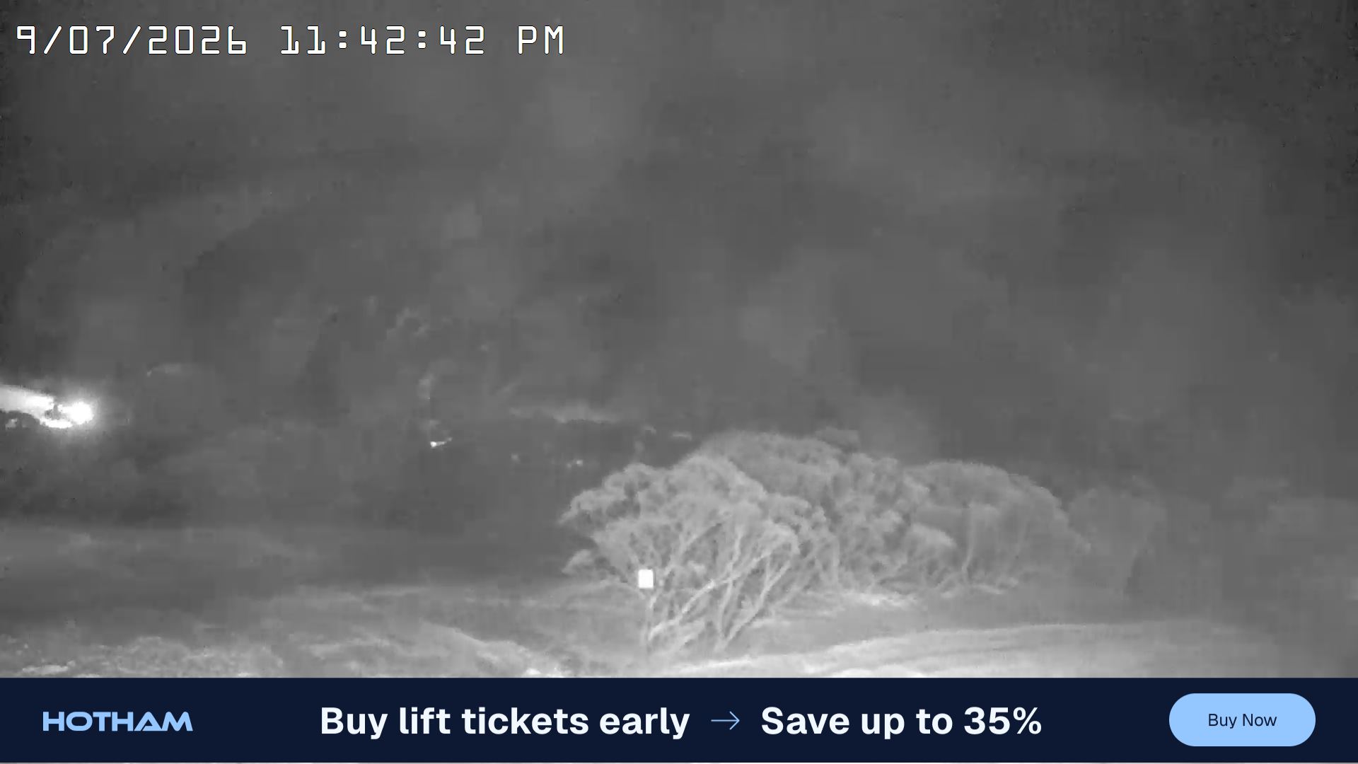 Mt Hotham Golden Point snow cam captured at 9 July 2026 at 11:48 pm AEST