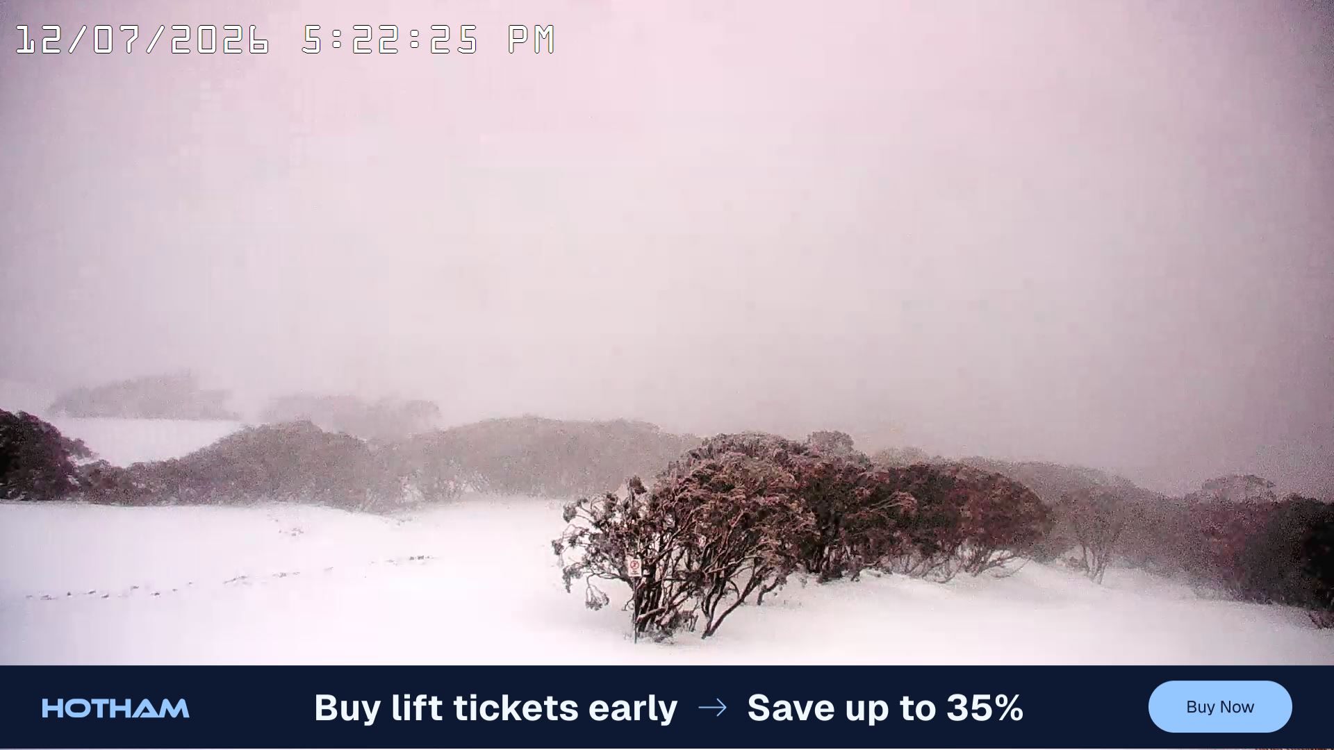 Mt Hotham Golden Point snow cam captured at 12 July 2026 at 5:25 pm AEST