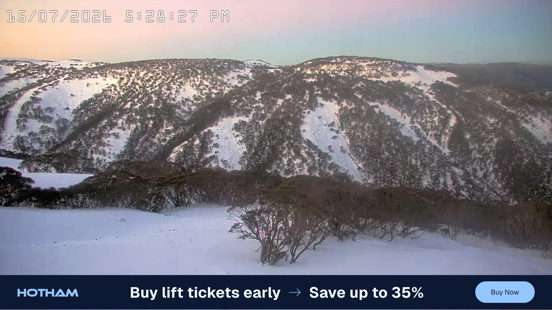 Mt Hotham Golden Point snow cam captured at 15 July 2026 at 5:29 pm AEST