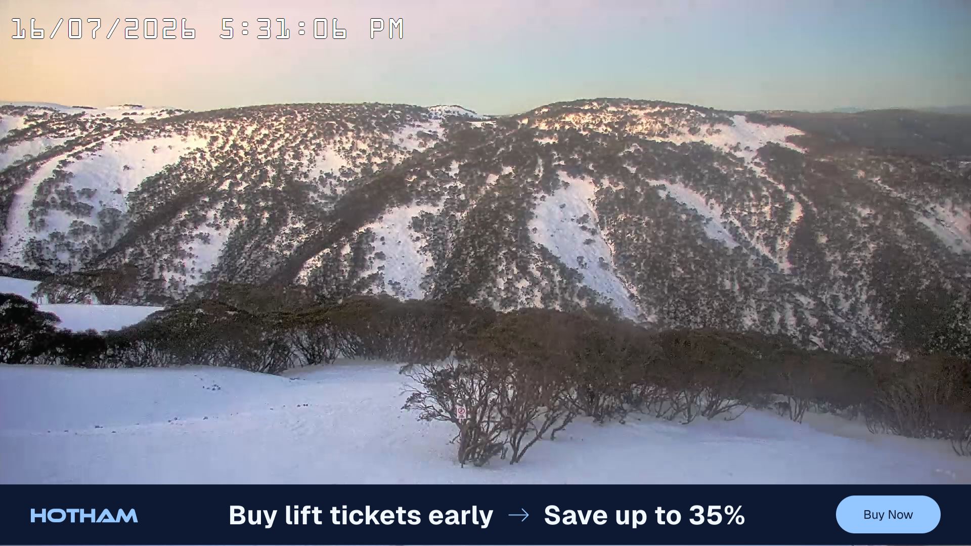 Mt Hotham Golden Point snow cam captured at 16 July 2026 at 5:41 pm AEST