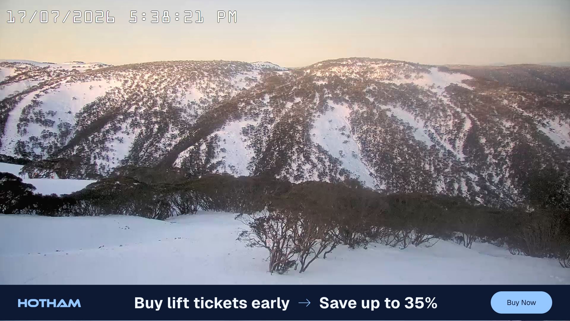 Mt Hotham Golden Point snow cam captured at 17 July 2026 at 5:42 pm AEST