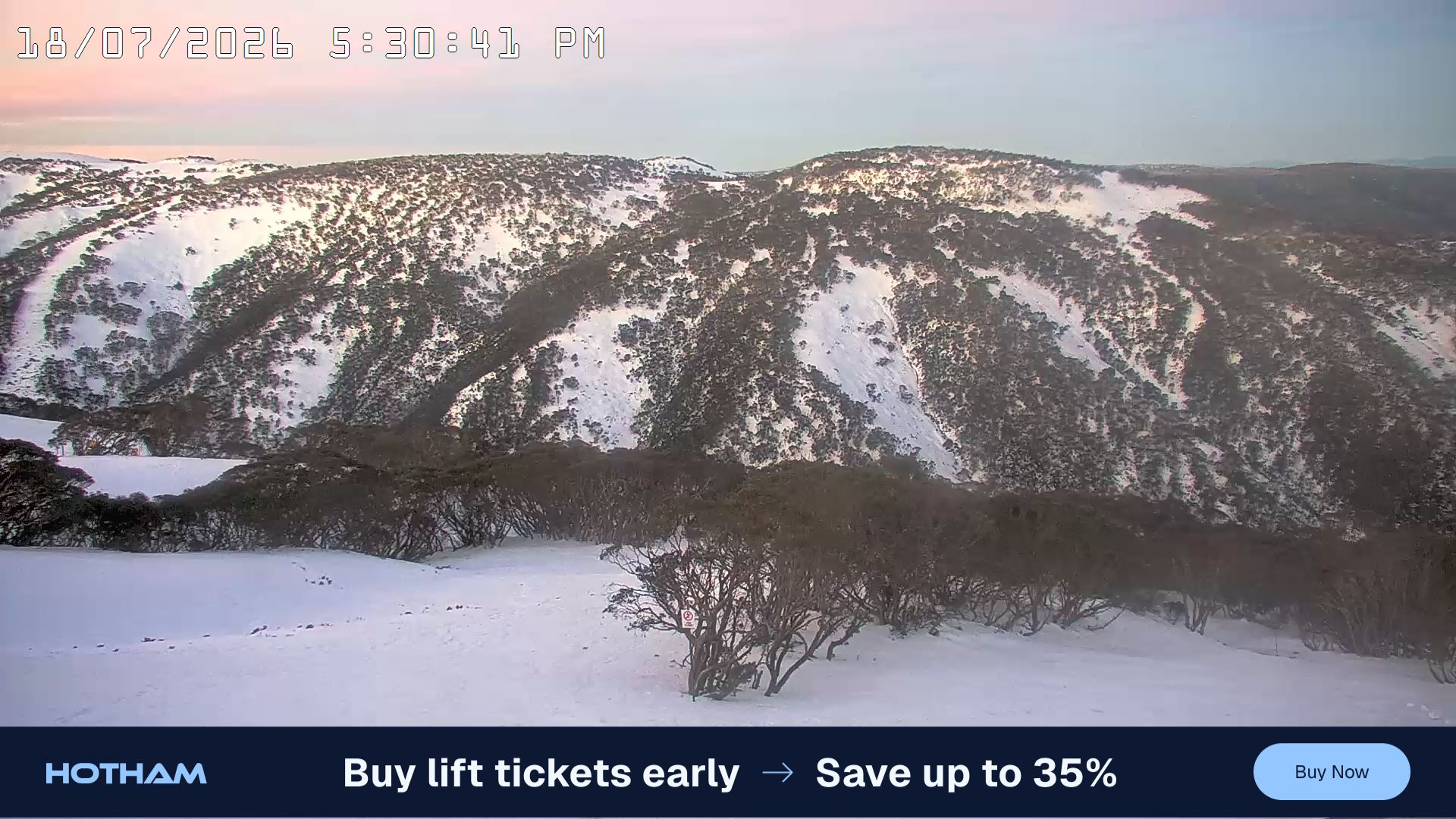 Mt Hotham Golden Point snow cam captured at 18 July 2026 at 5:32 pm AEST