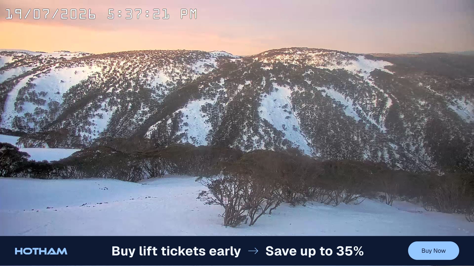 Mt Hotham Golden Point snow cam captured at 19 July 2026 at 5:44 pm AEST