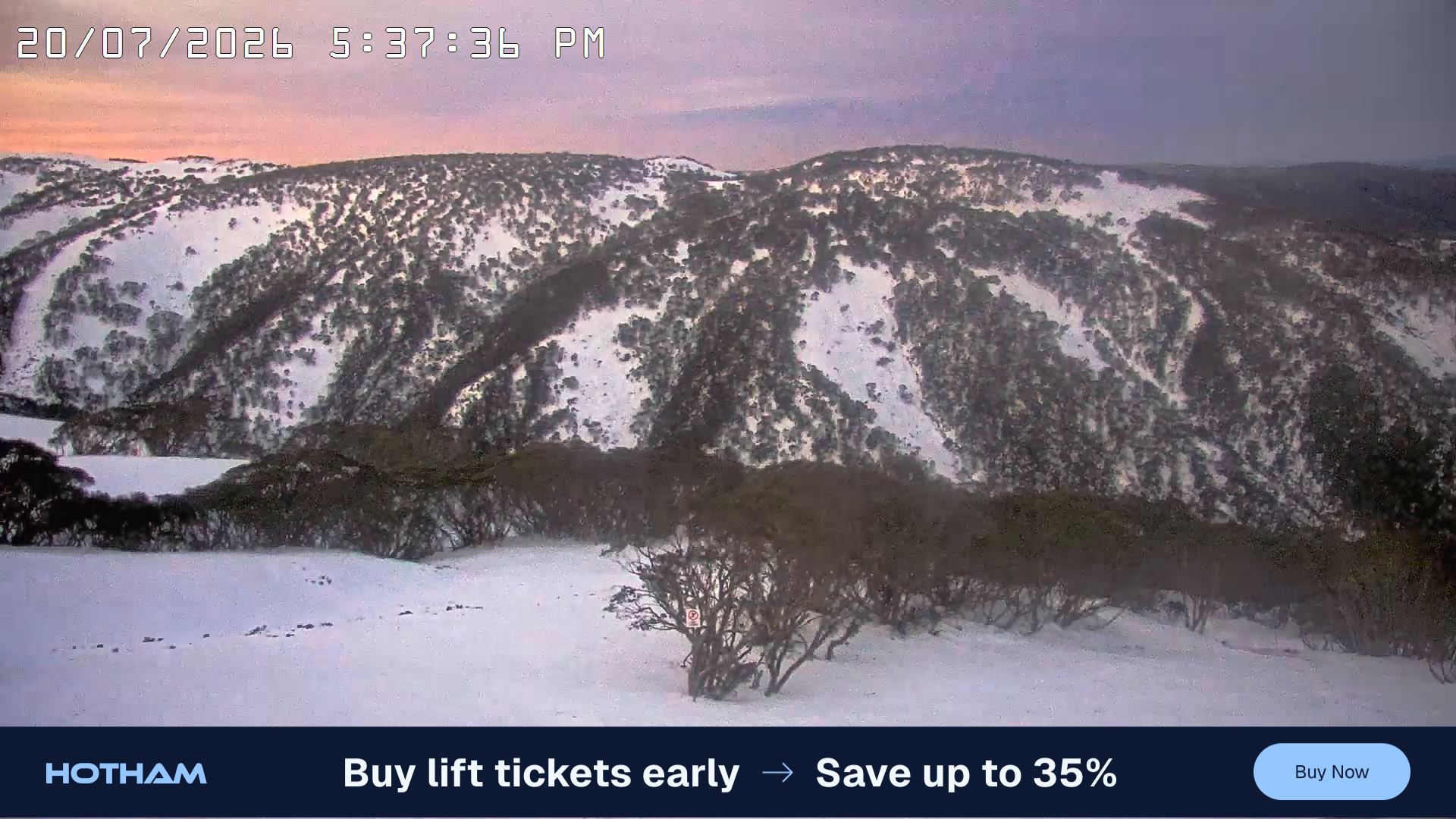 Mt Hotham Golden Point snow cam captured at 20 July 2026 at 5:45 pm AEST