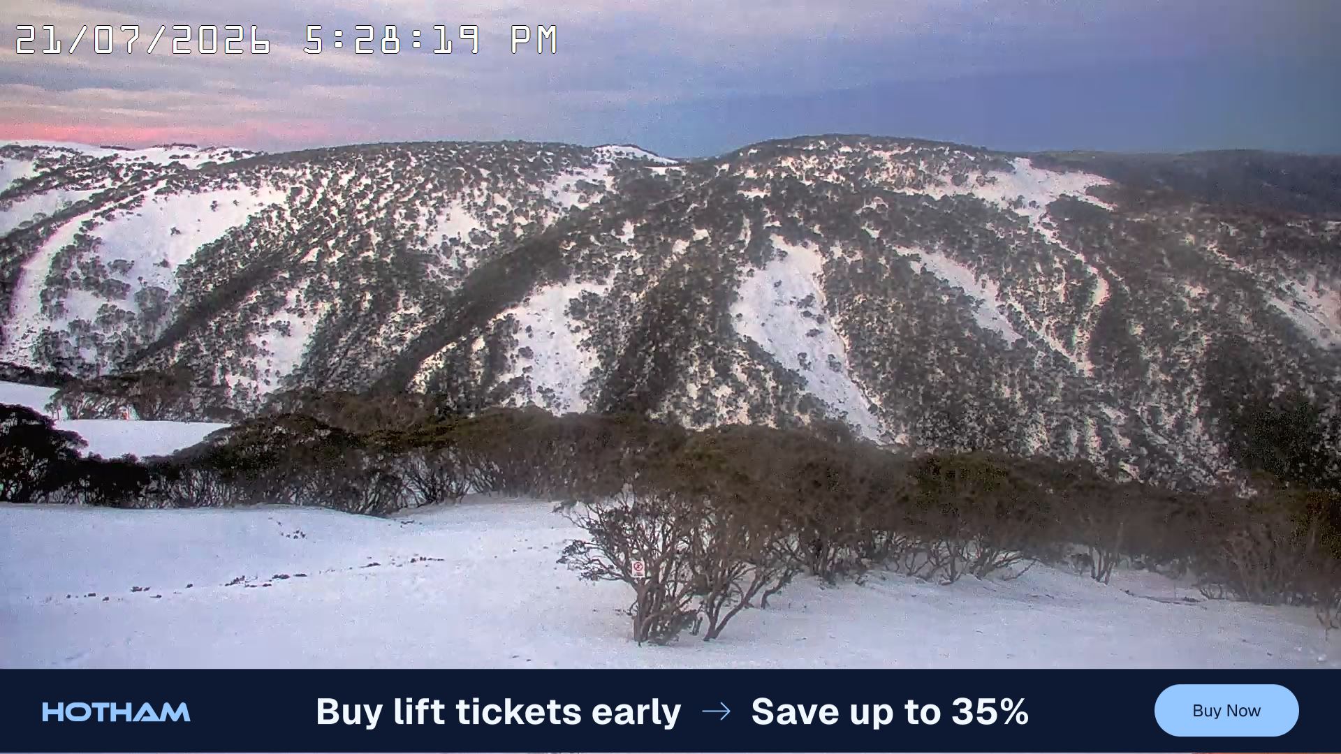 Mt Hotham Golden Point snow cam captured at 21 July 2026 at 5:37 pm AEST