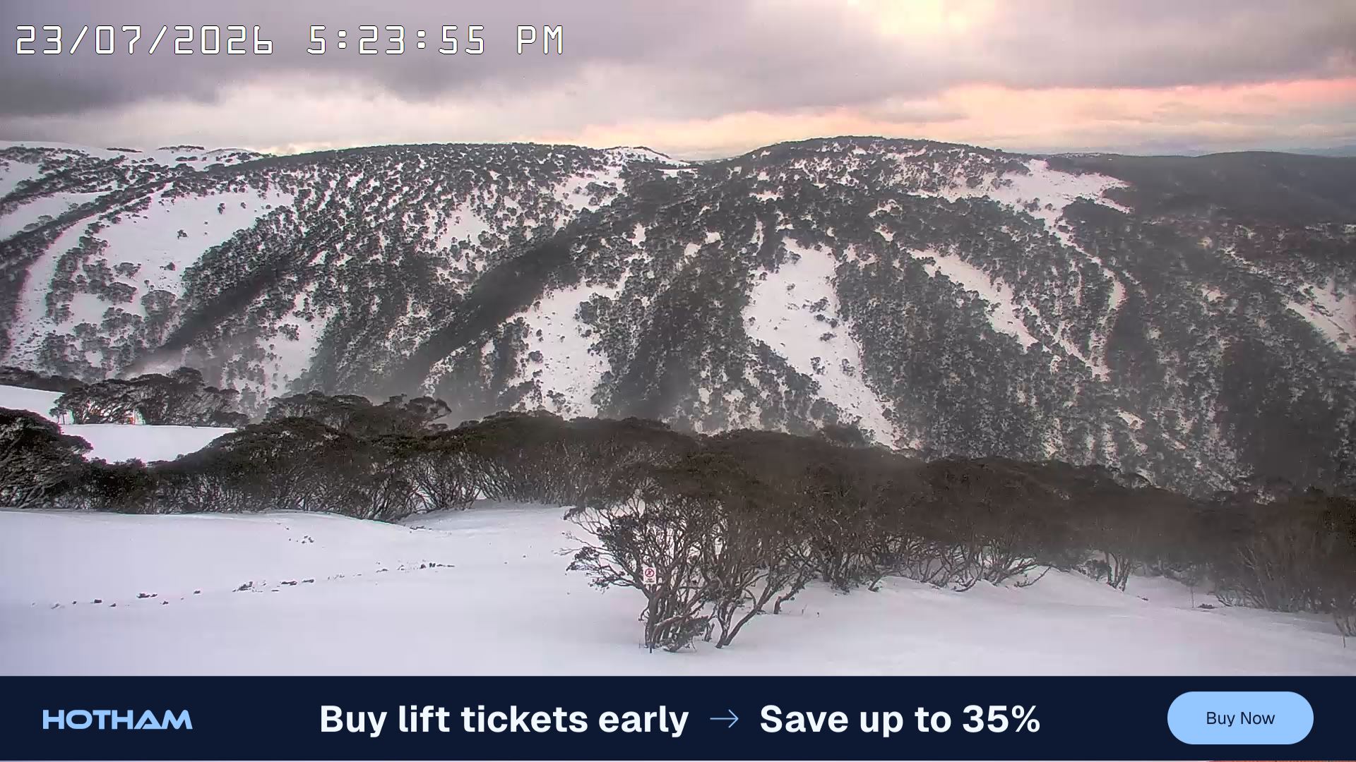 Mt Hotham Golden Point snow cam captured at 23 July 2026 at 5:28 pm AEST