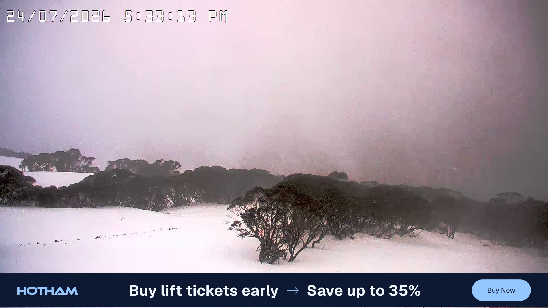 Mt Hotham Golden Point snow cam captured at 24 July 2026 at 5:40 pm AEST
