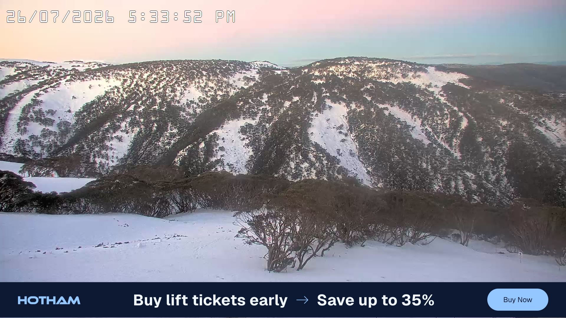 Mt Hotham Golden Point snow cam captured at 26 July 2026 at 5:43 pm AEST