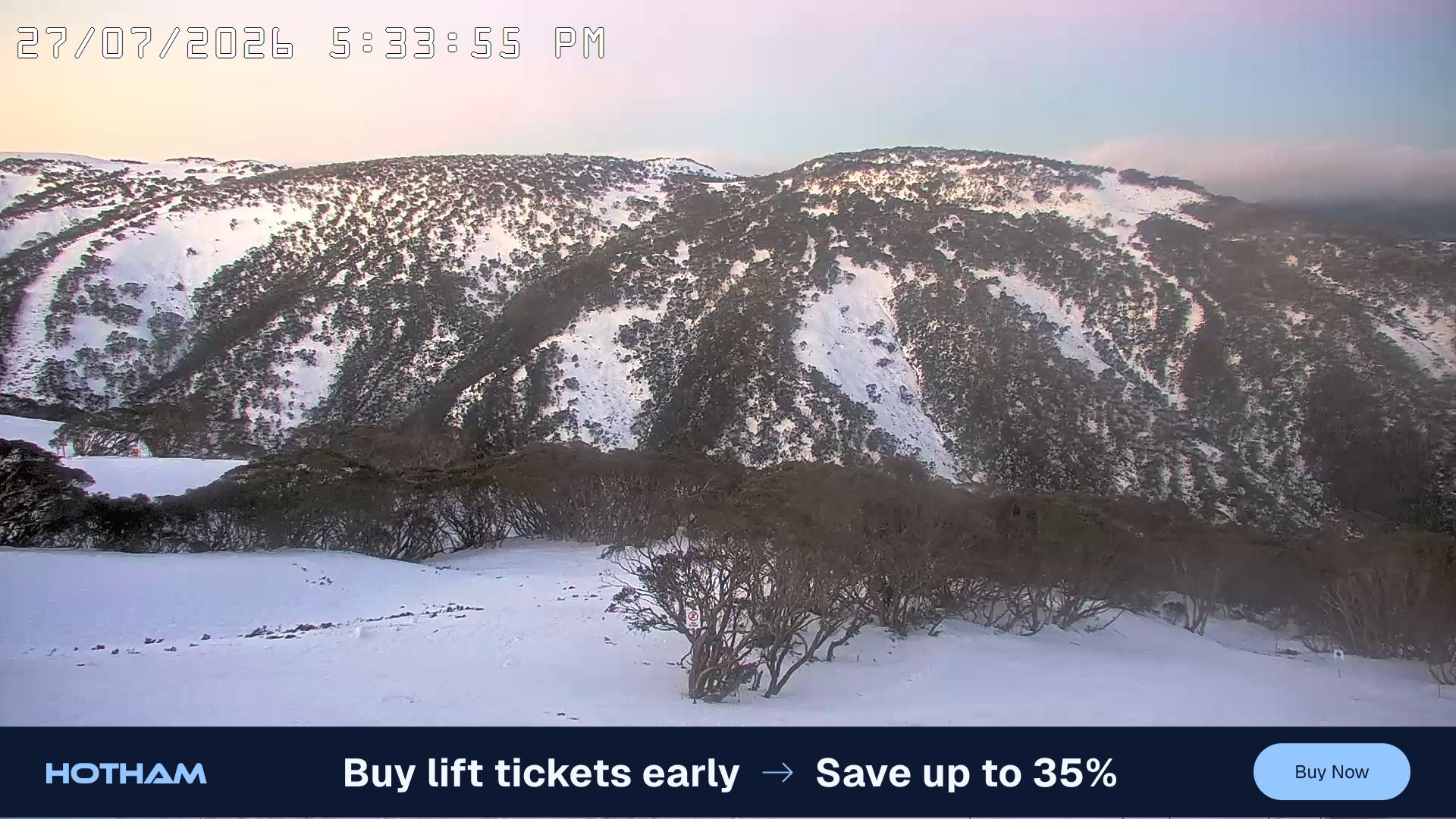 Mt Hotham Golden Point snow cam captured at 27 July 2026 at 5:44 pm AEST