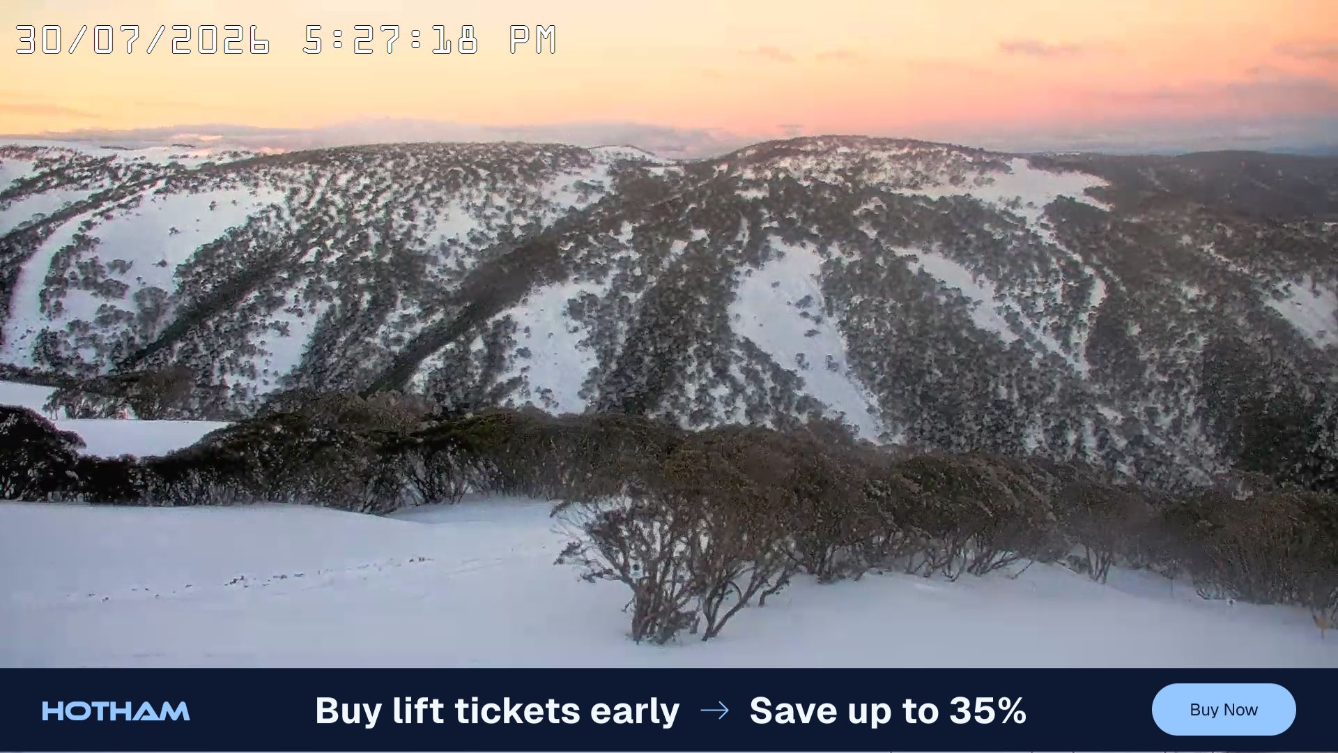 Mt Hotham Golden Point snow cam captured at 30 July 2026 at 5:35 pm AEST
