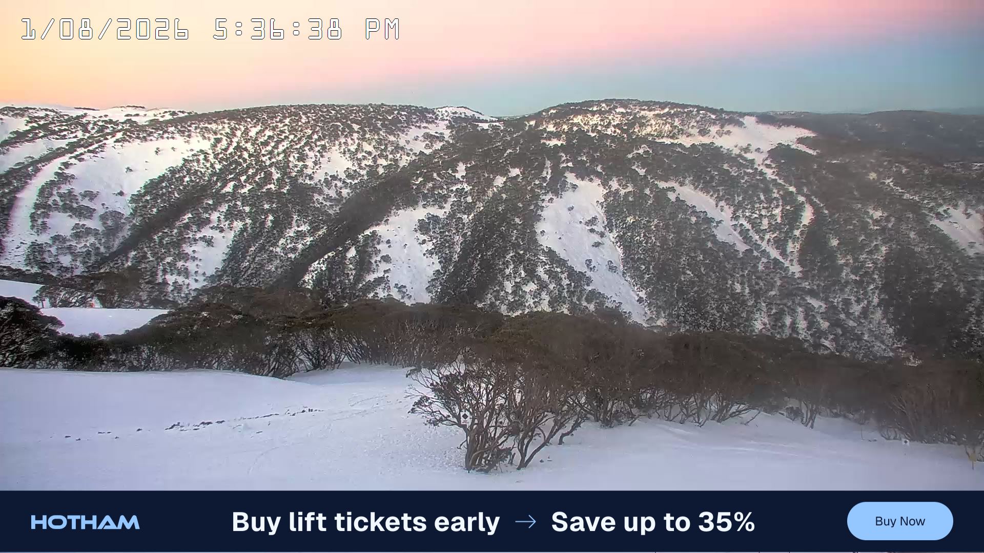 Mt Hotham Golden Point snow cam captured at 1 August 2026 at 5:41 pm AEST