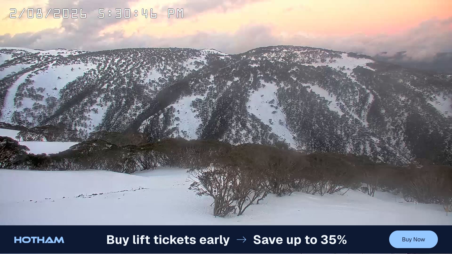 Mt Hotham Golden Point snow cam captured at 2 August 2026 at 5:38 pm AEST