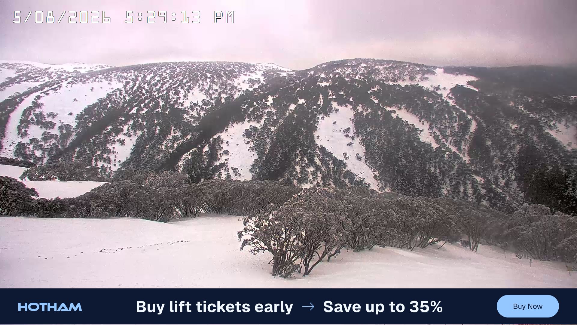 Mt Hotham Golden Point snow cam captured at 5 August 2026 at 5:39 pm AEST