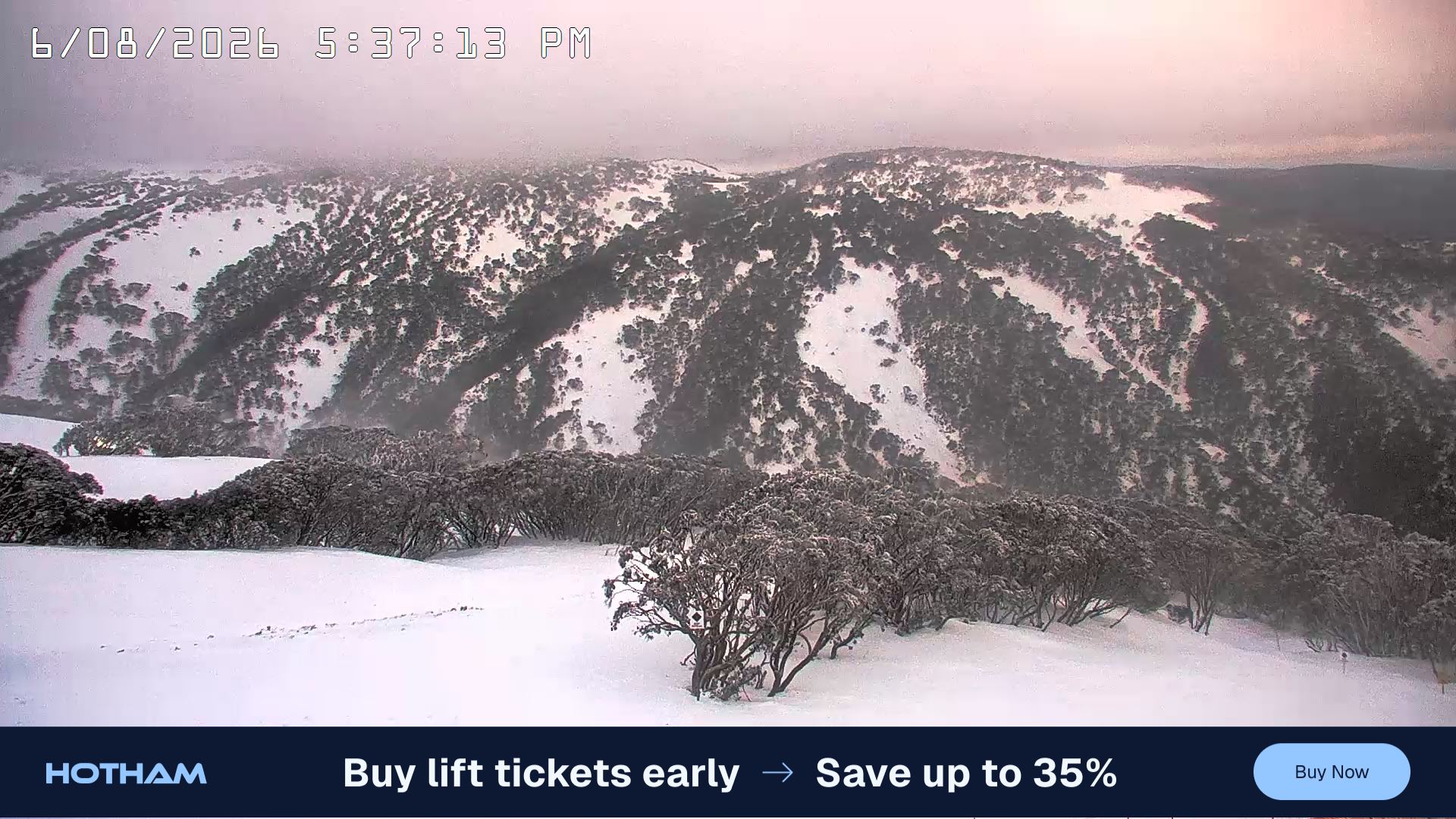 Mt Hotham Golden Point snow cam captured at 6 August 2026 at 5:40 pm AEST