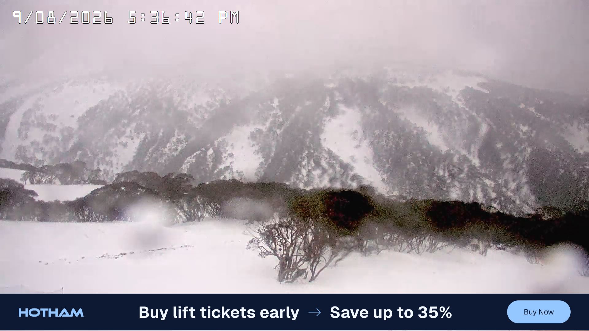 Mt Hotham Golden Point snow cam captured at 9 August 2026 at 5:43 pm AEST