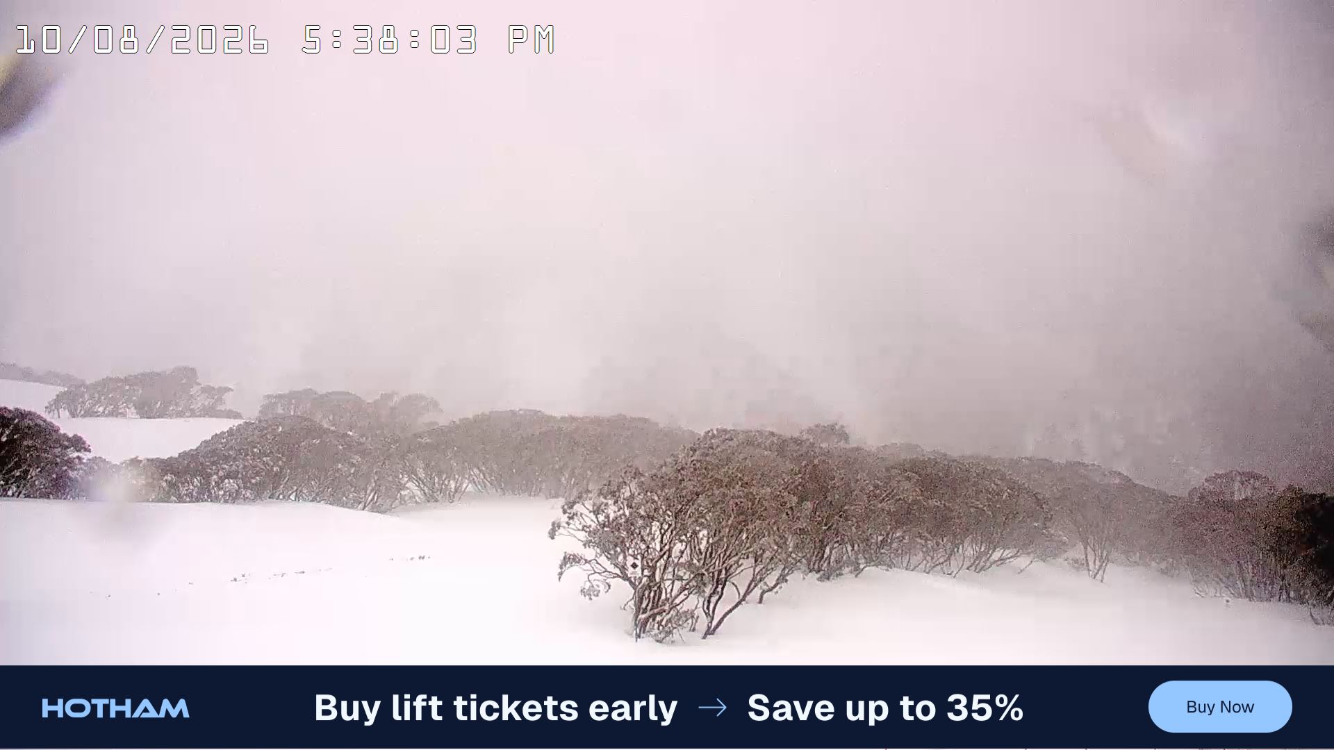 Mt Hotham Golden Point snow cam captured at 10 August 2026 at 5:39 pm AEST