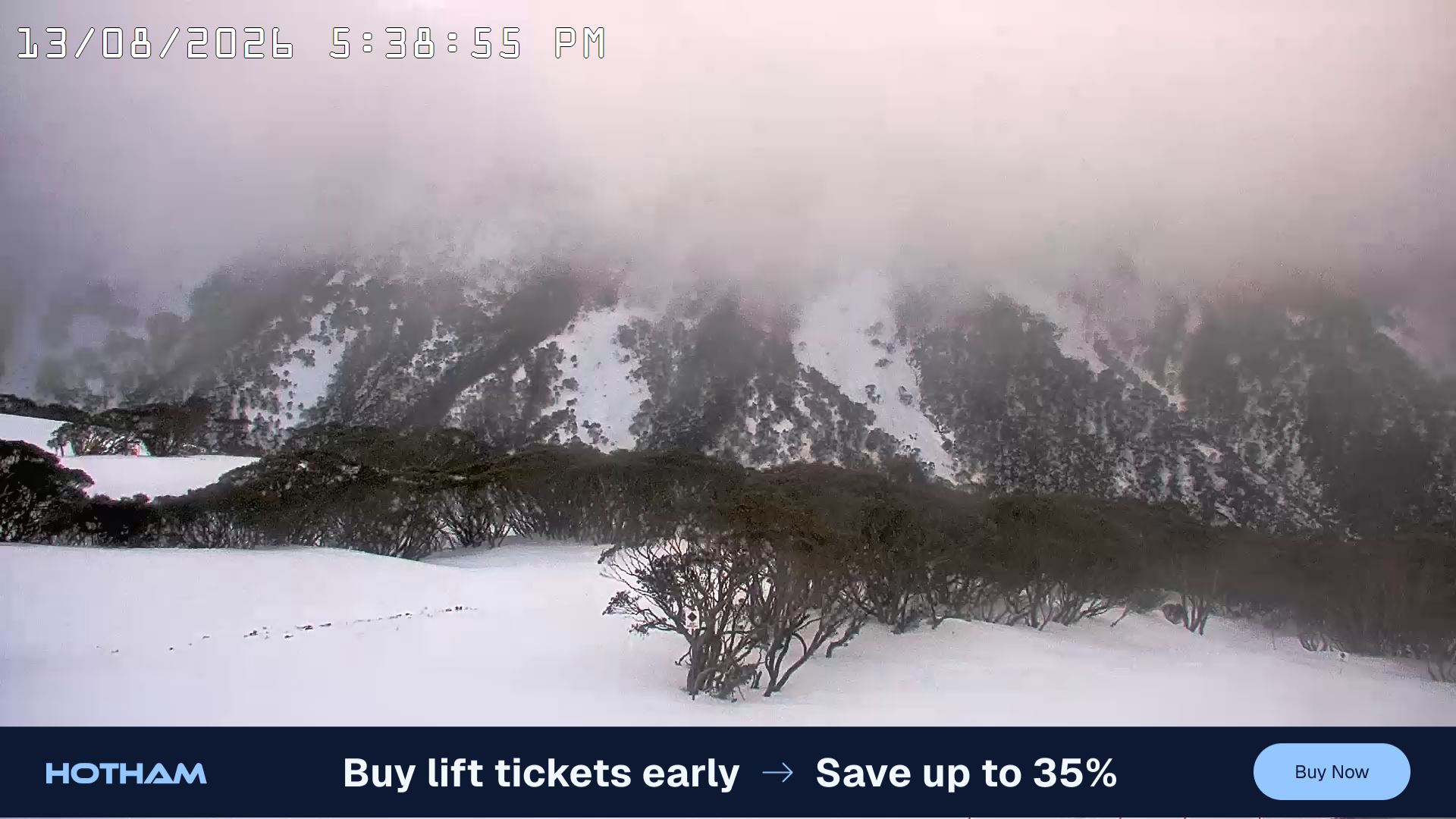Mt Hotham Golden Point snow cam captured at 13 August 2026 at 5:48 pm AEST