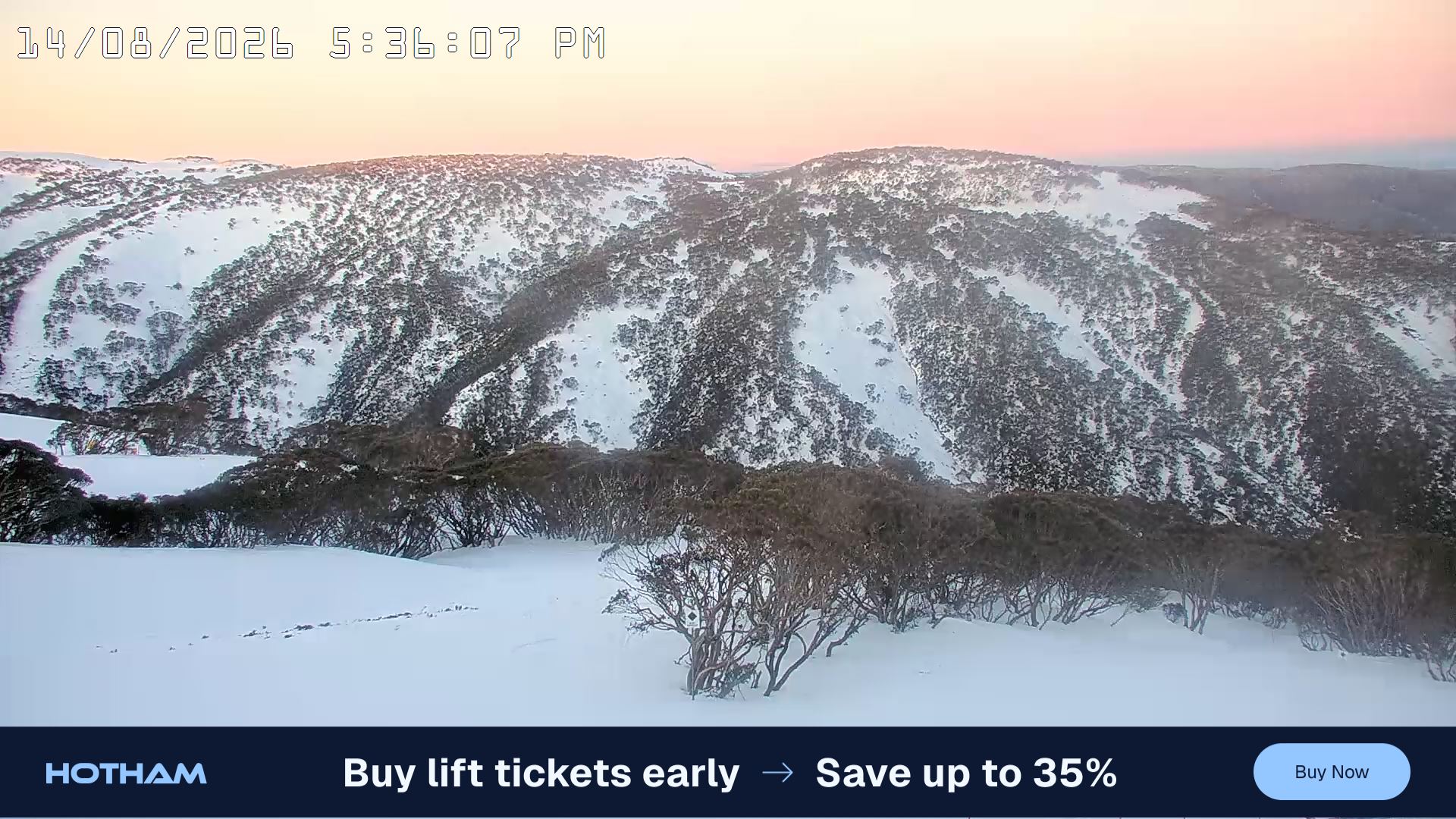 Mt Hotham Golden Point snow cam captured at 14 August 2026 at 5:38 pm AEST