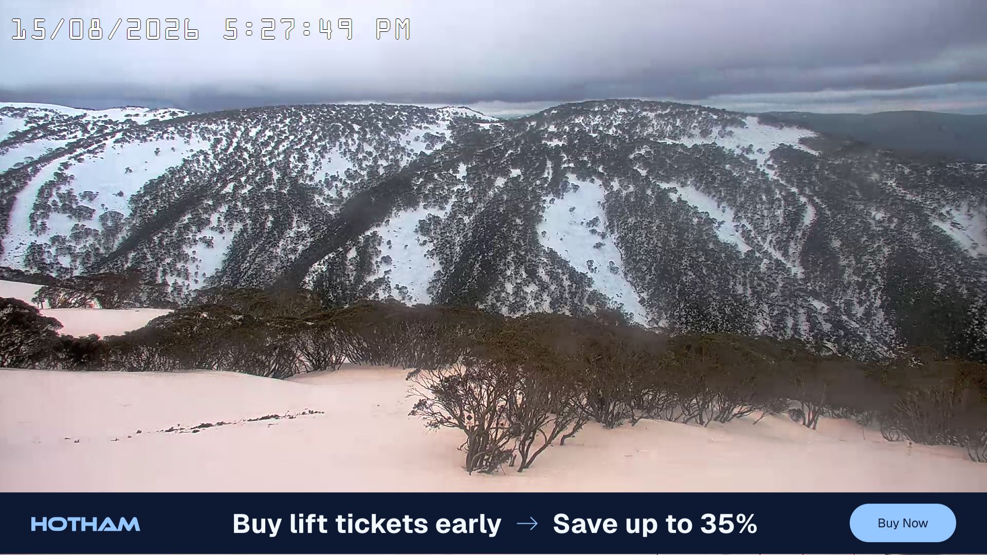 Mt Hotham Golden Point snow cam captured at 15 August 2026 at 5:28 pm AEST
