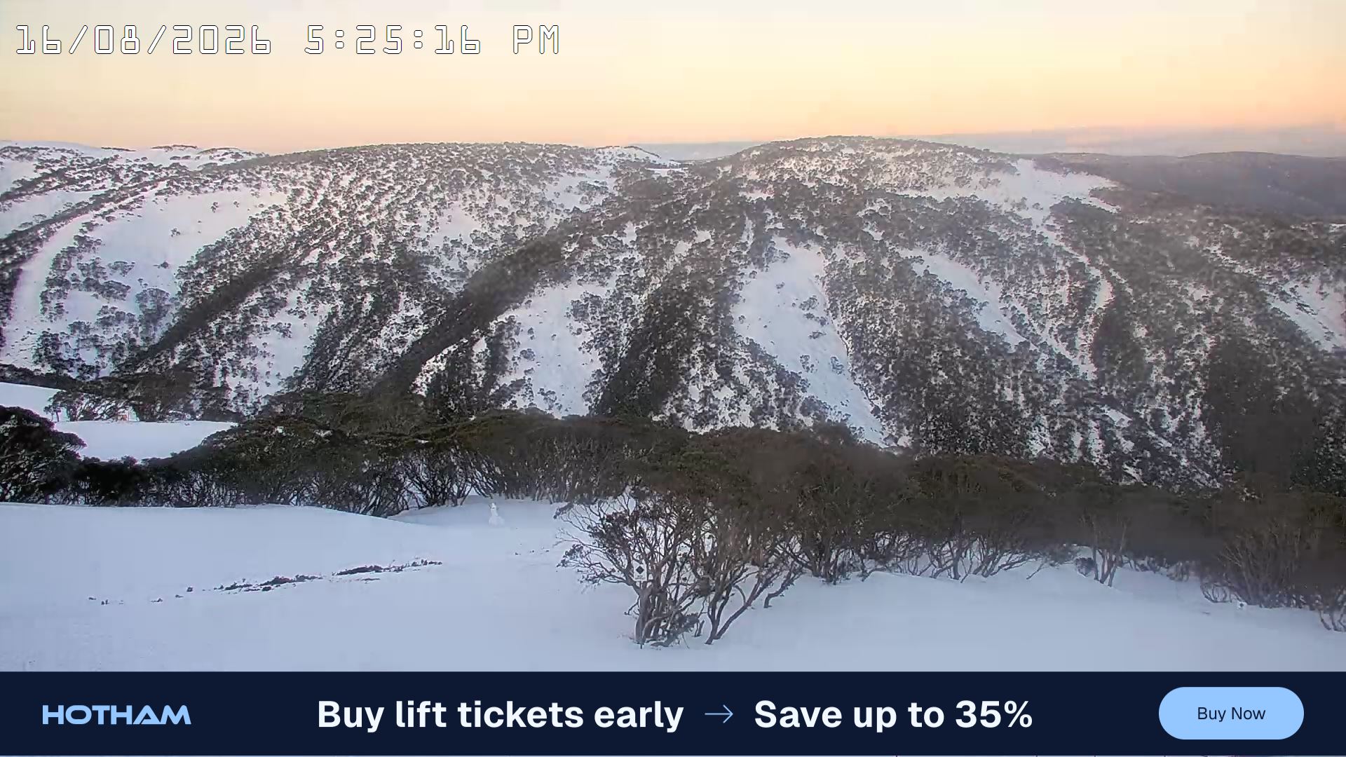 Mt Hotham Golden Point snow cam captured at 16 August 2026 at 5:29 pm AEST