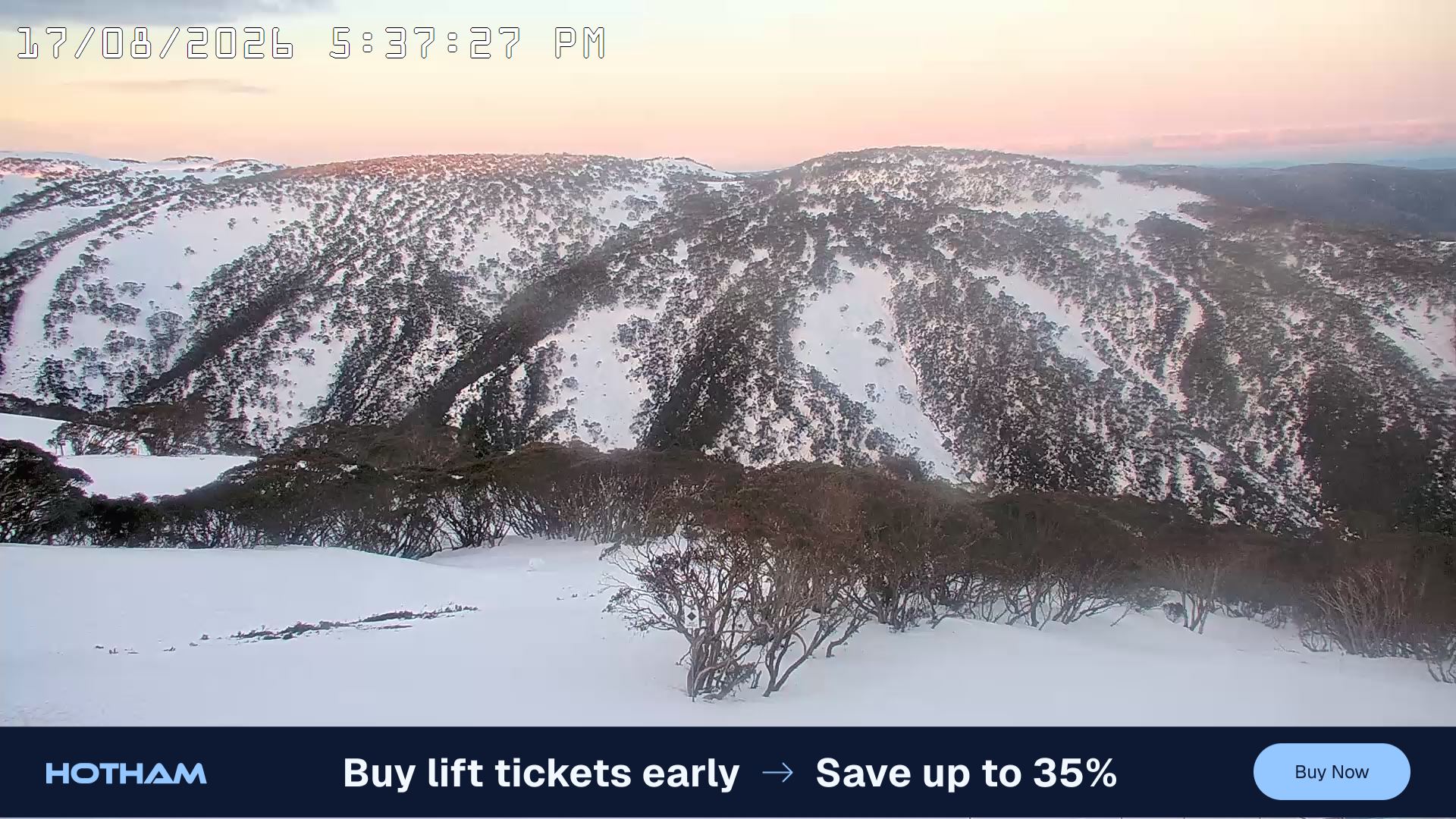 Mt Hotham Golden Point snow cam captured at 17 August 2026 at 5:41 pm AEST