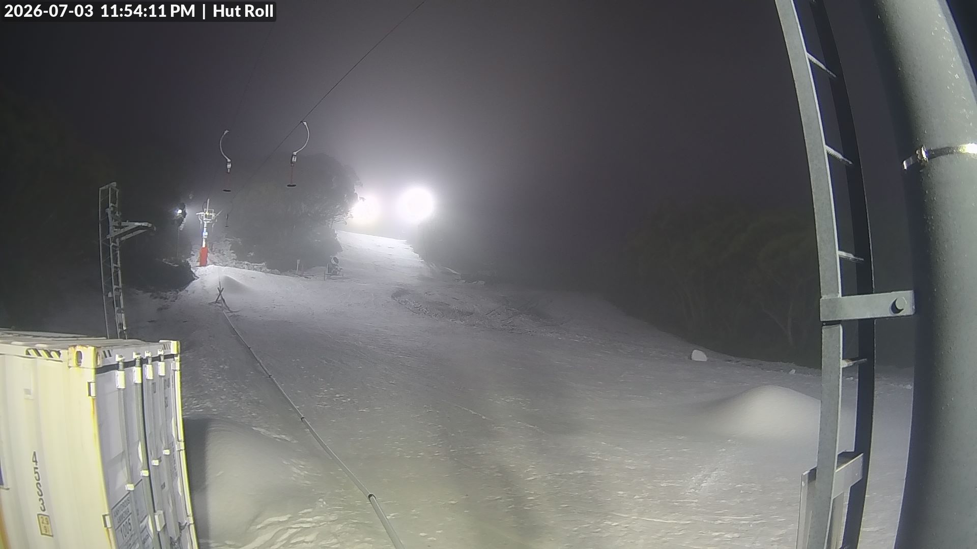 Mt Baw Baw Hut Roll snow cam captured at 3 July 2026 at 11:54 pm AEST