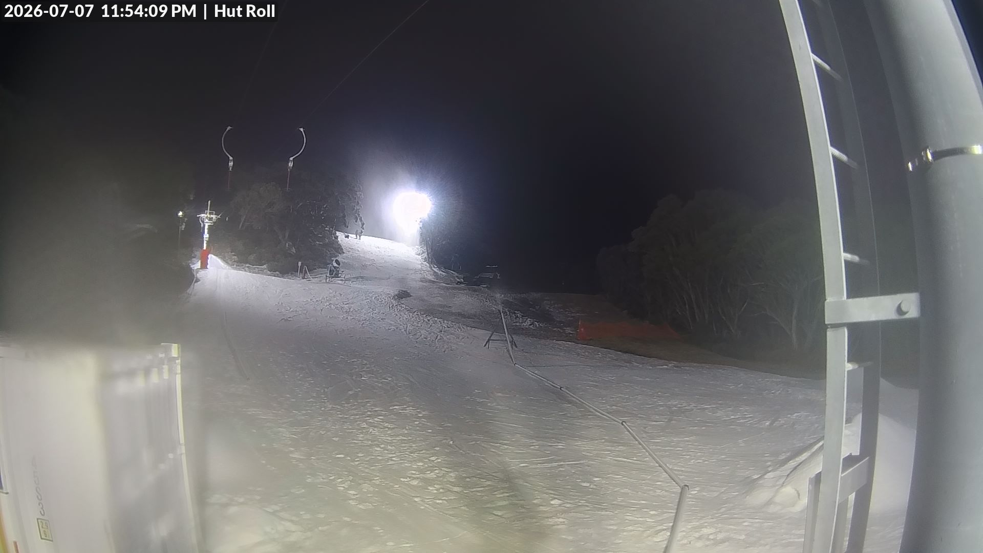Mt Baw Baw Hut Roll snow cam captured at 7 July 2026 at 11:57 pm AEST